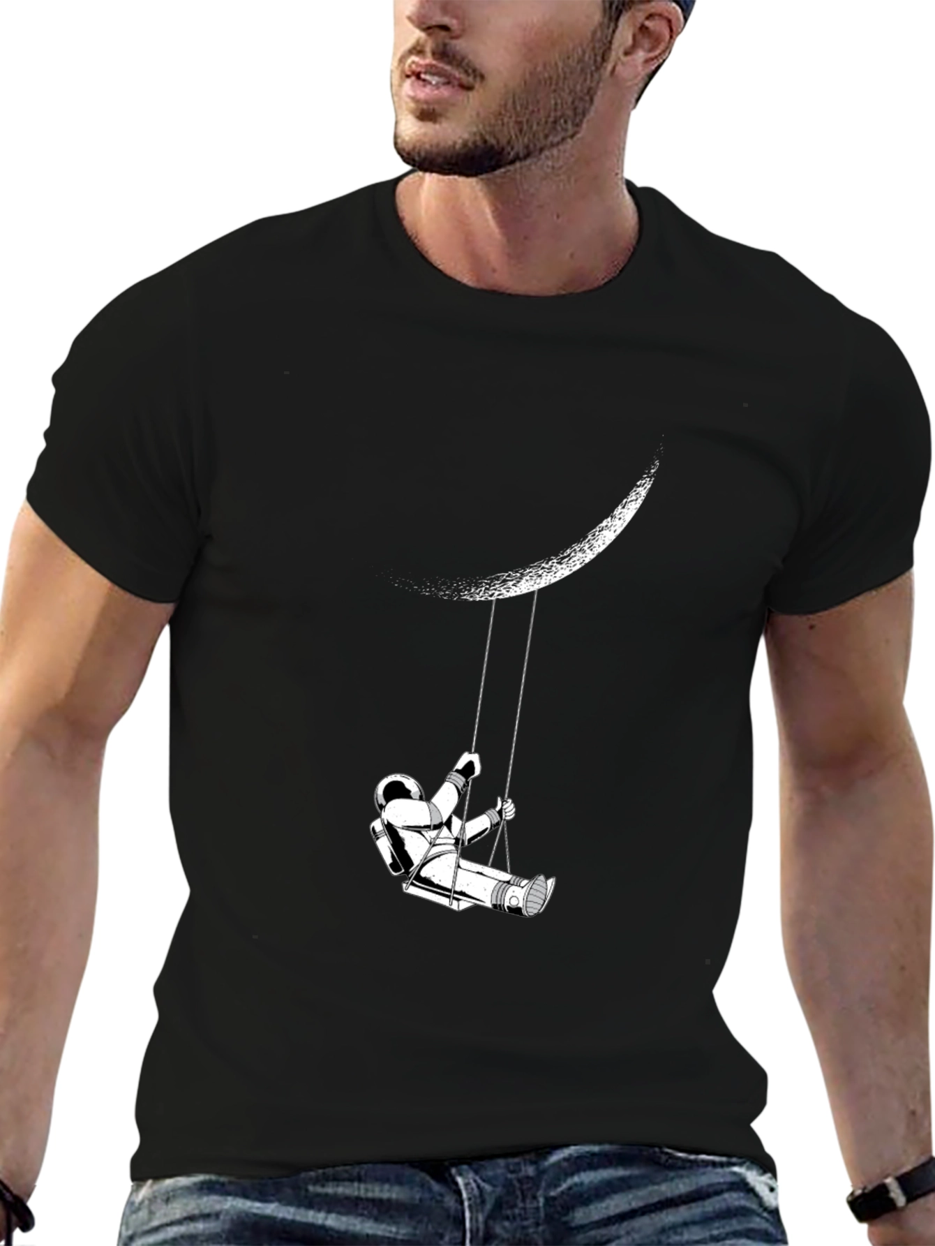 Astronaut Moon Swing Graphic Tee - Black Casual T-Shirt