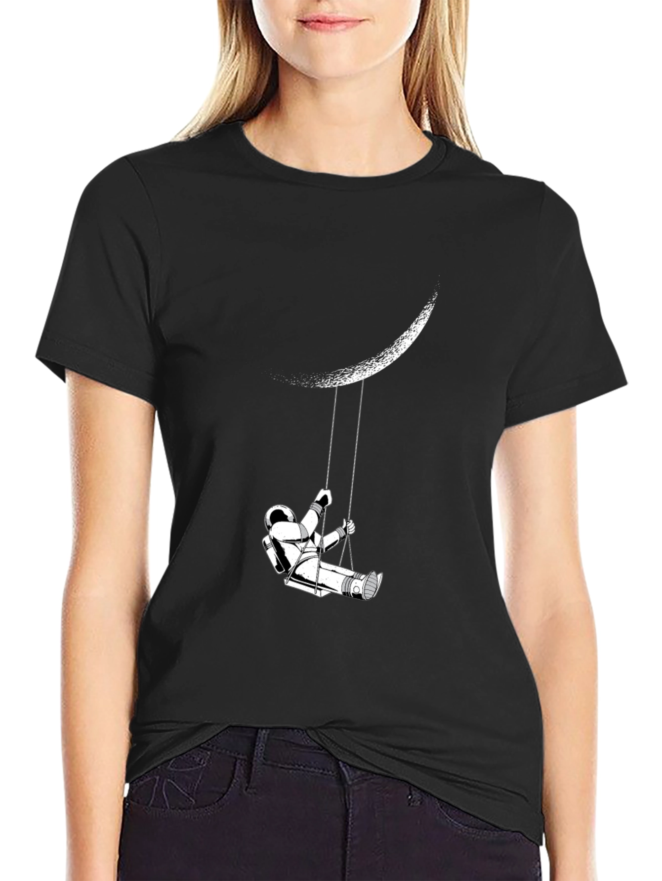 Astronaut Moon Swing Graphic Tee - Black Casual T-Shirt
