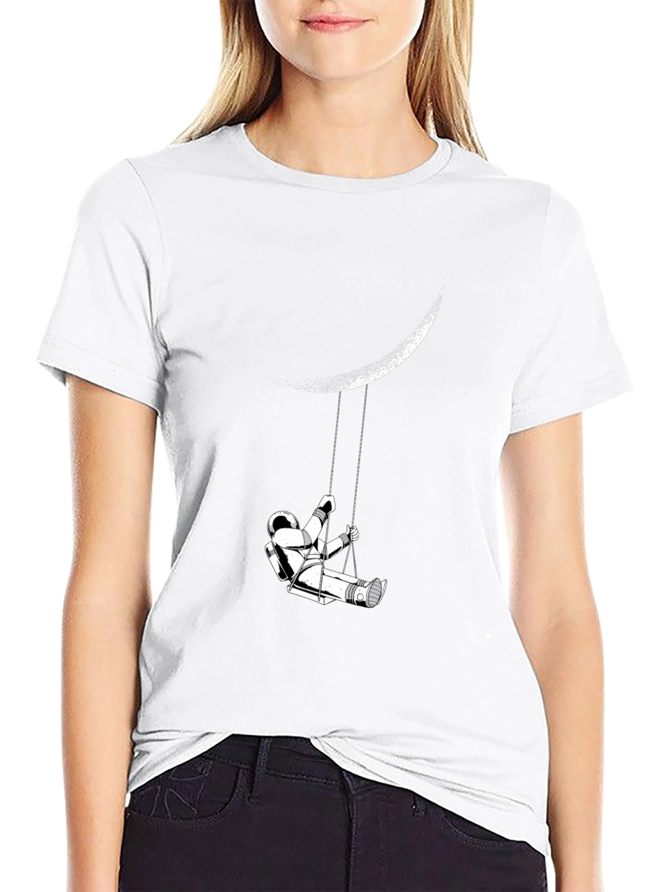 Astronaut Moon Swing Graphic Tee - Black Casual T-Shirt