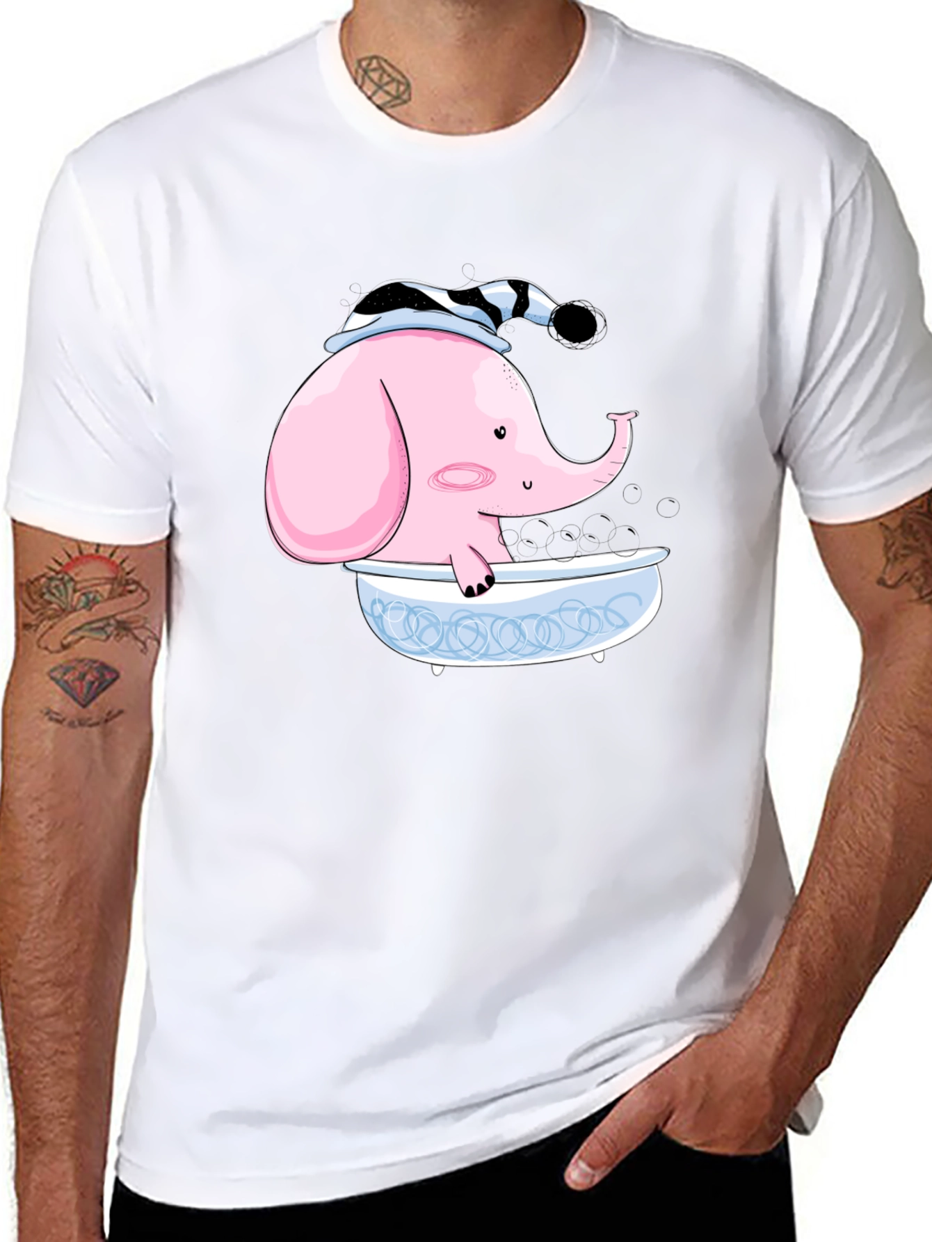 Elephant in Tub Graphic Tee - Black Cotton T-Shirt