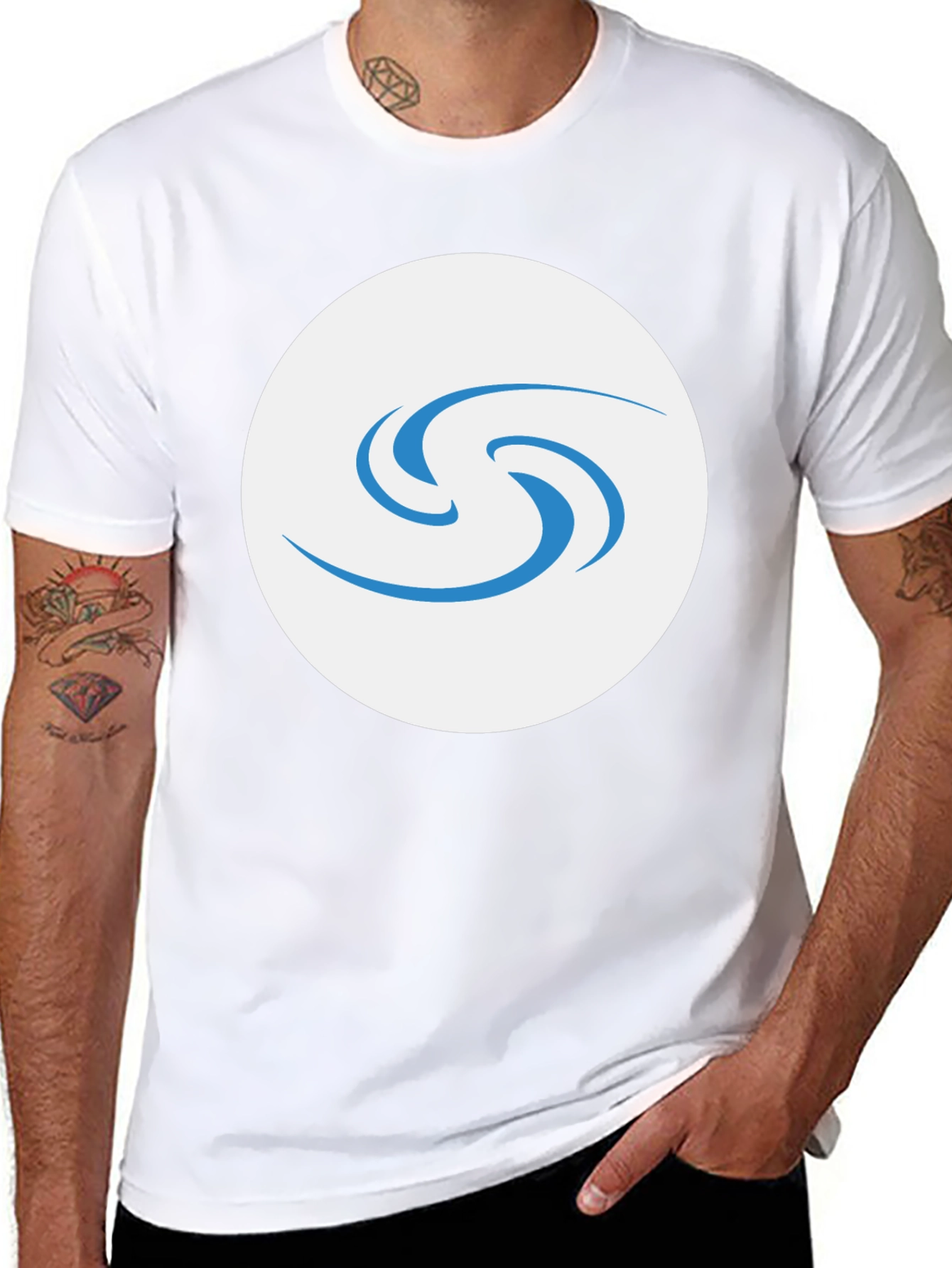 Black T-Shirt with Abstract Blue Swirl Graphic