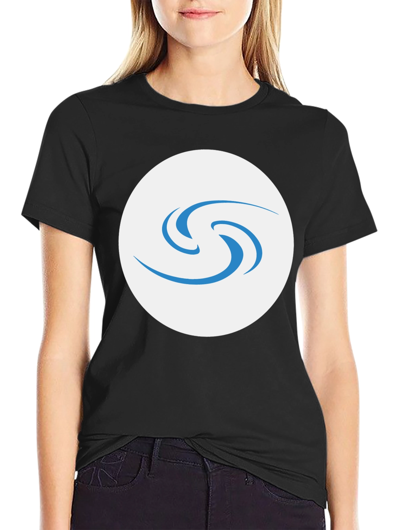 Black T-Shirt with Abstract Blue Swirl Graphic