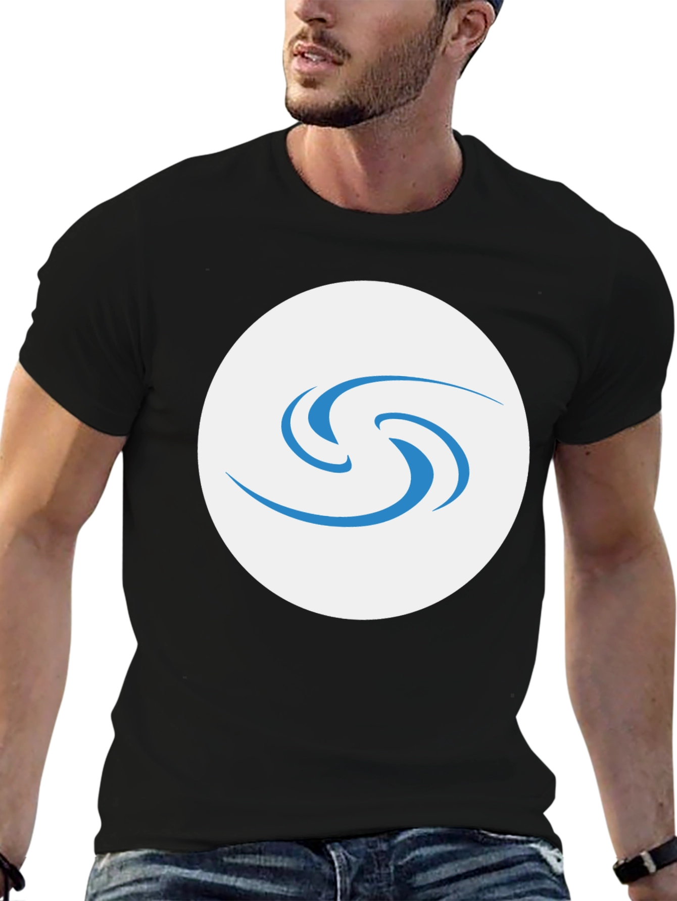 Black T-Shirt with Abstract Blue Swirl Graphic