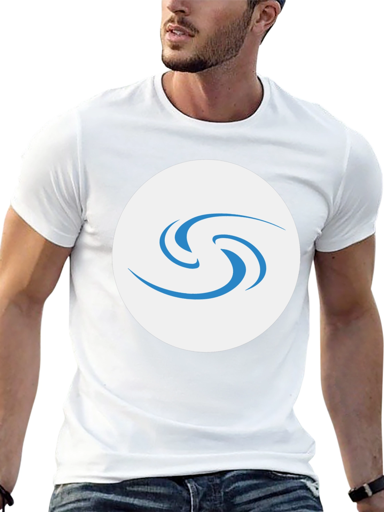 Black T-Shirt with Abstract Blue Swirl Graphic