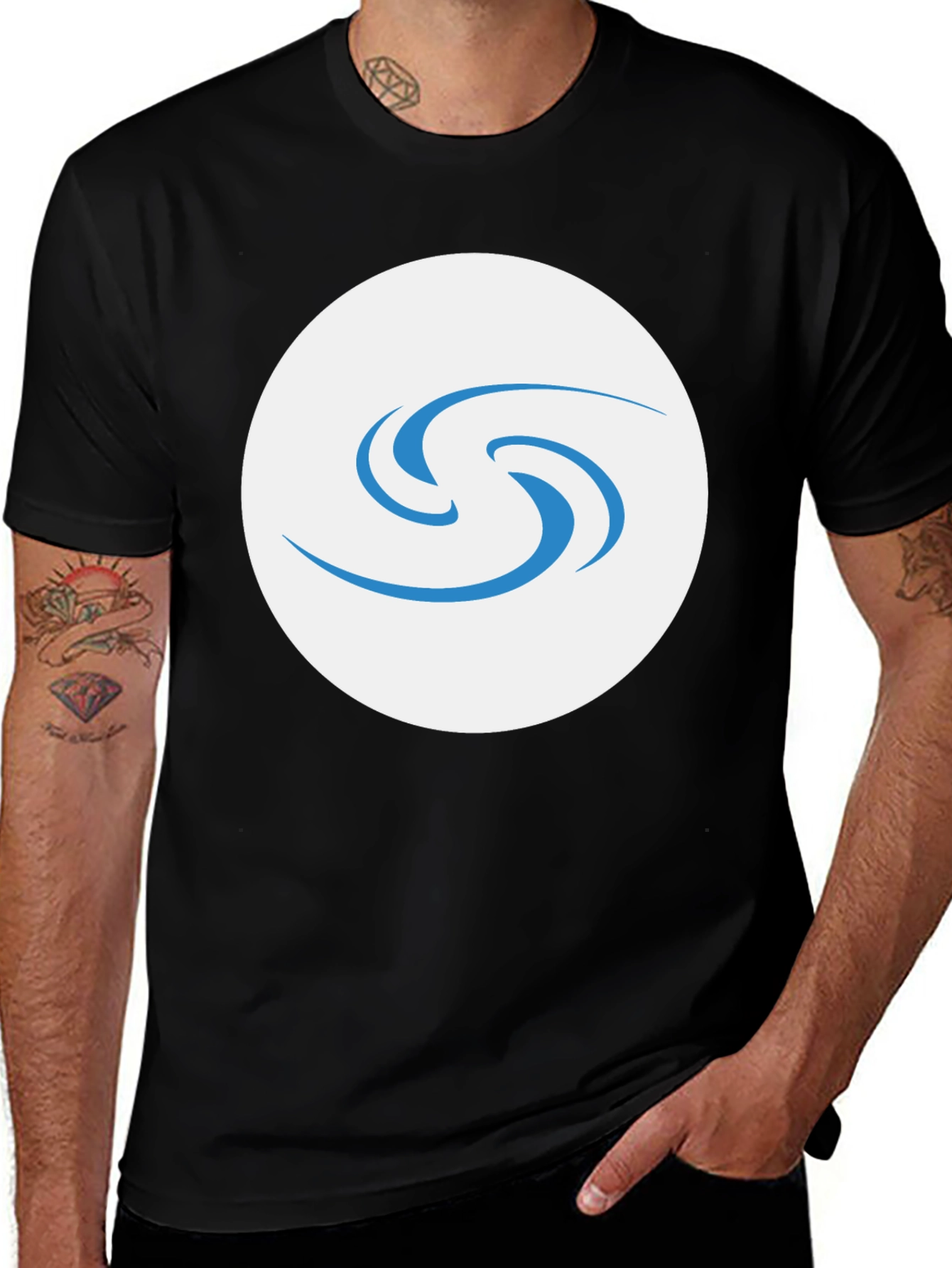Black T-Shirt with Abstract Blue Swirl Graphic