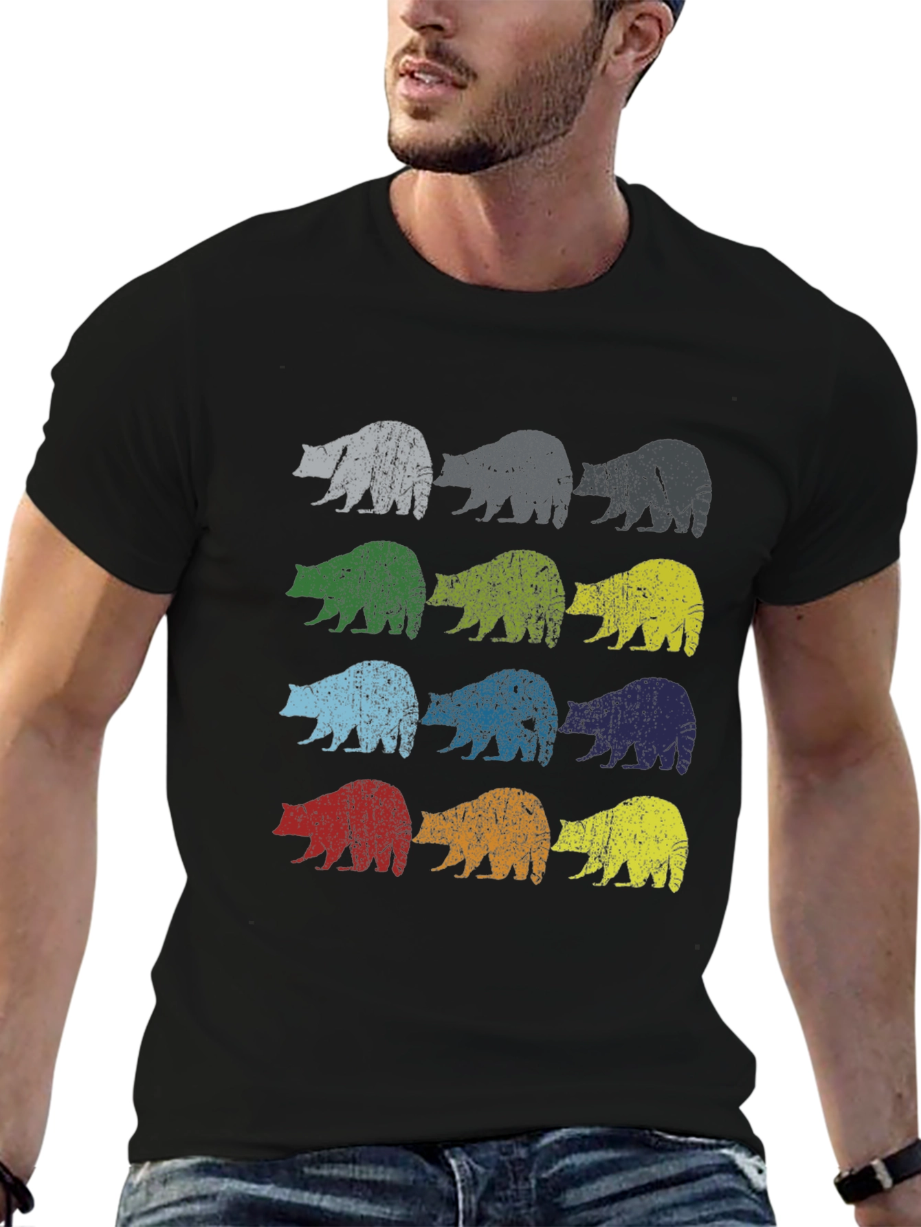 Retro Bear Graphic Tee - Black Cotton Casual Shirt