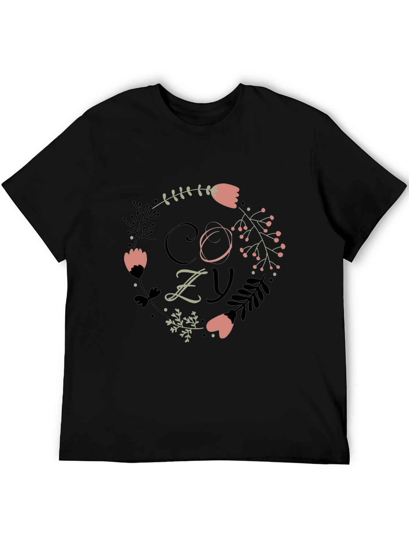 Cozy Floral Graphic Print Black T-Shirt