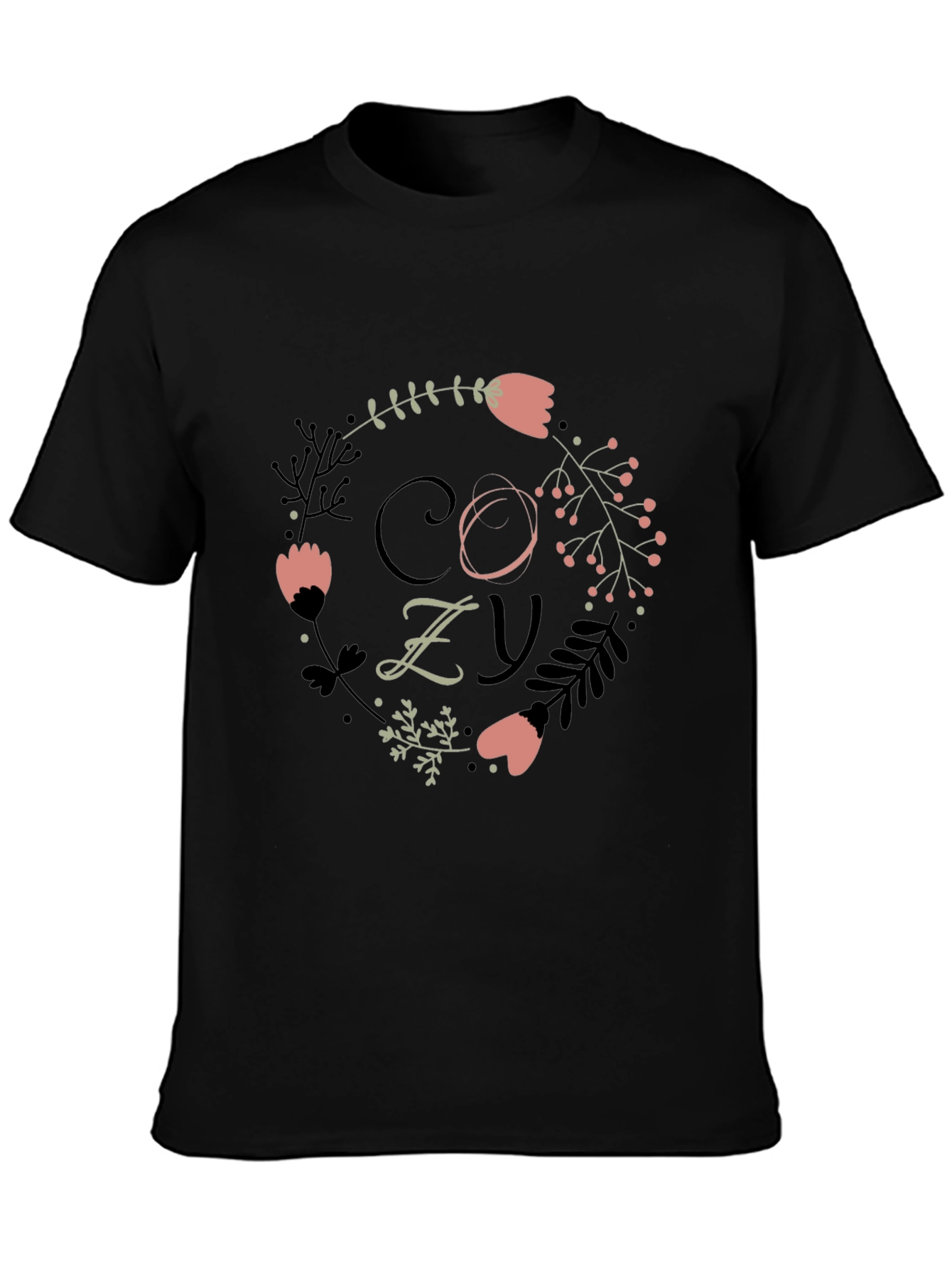Cozy Floral Graphic Print Black T-Shirt
