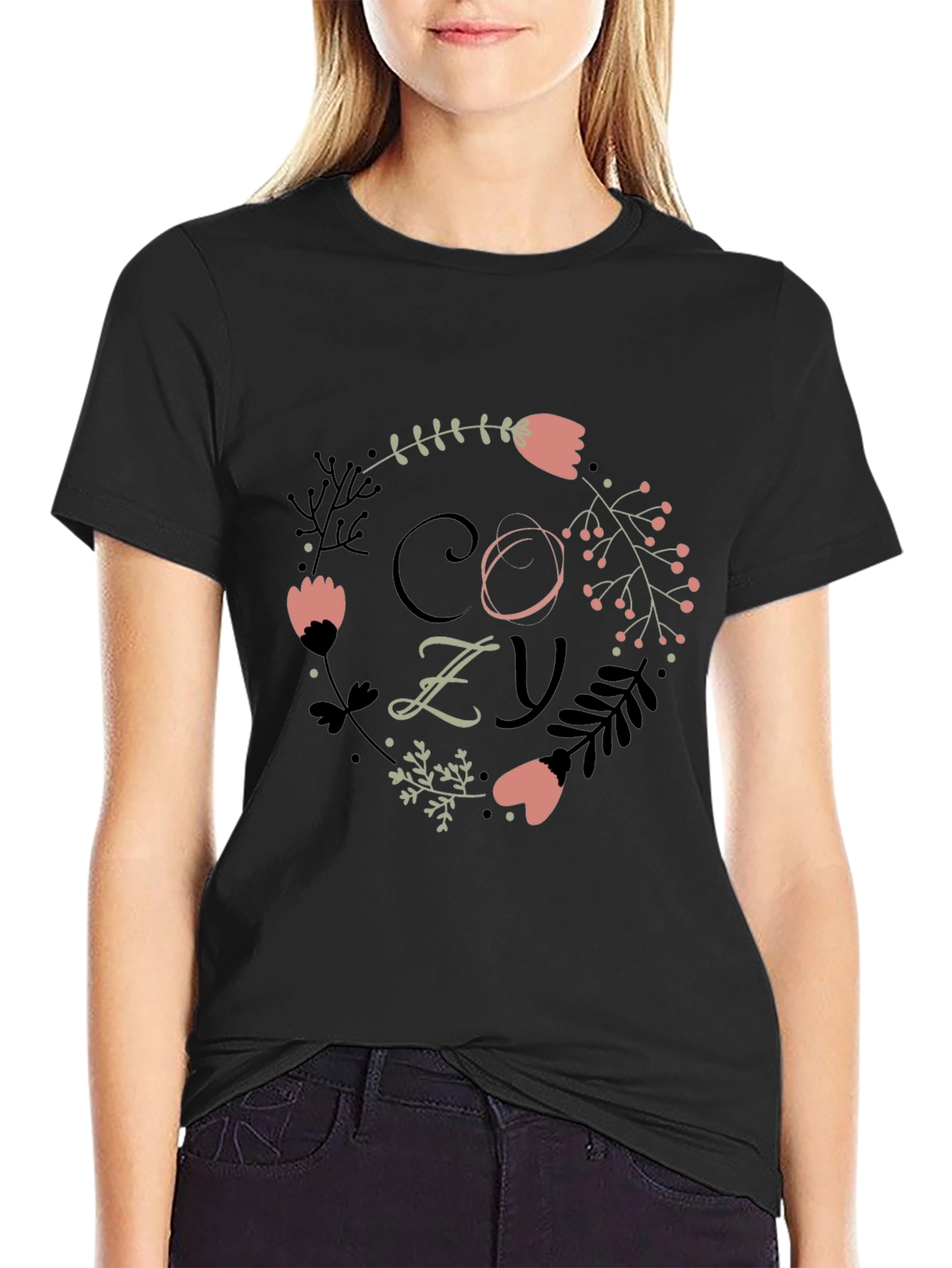 Cozy Floral Graphic Print Black T-Shirt