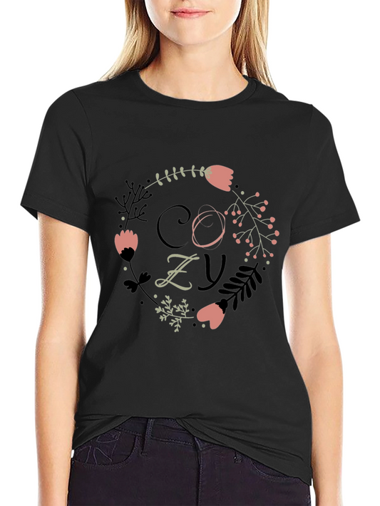 Cozy Floral Graphic Print Black T-Shirt