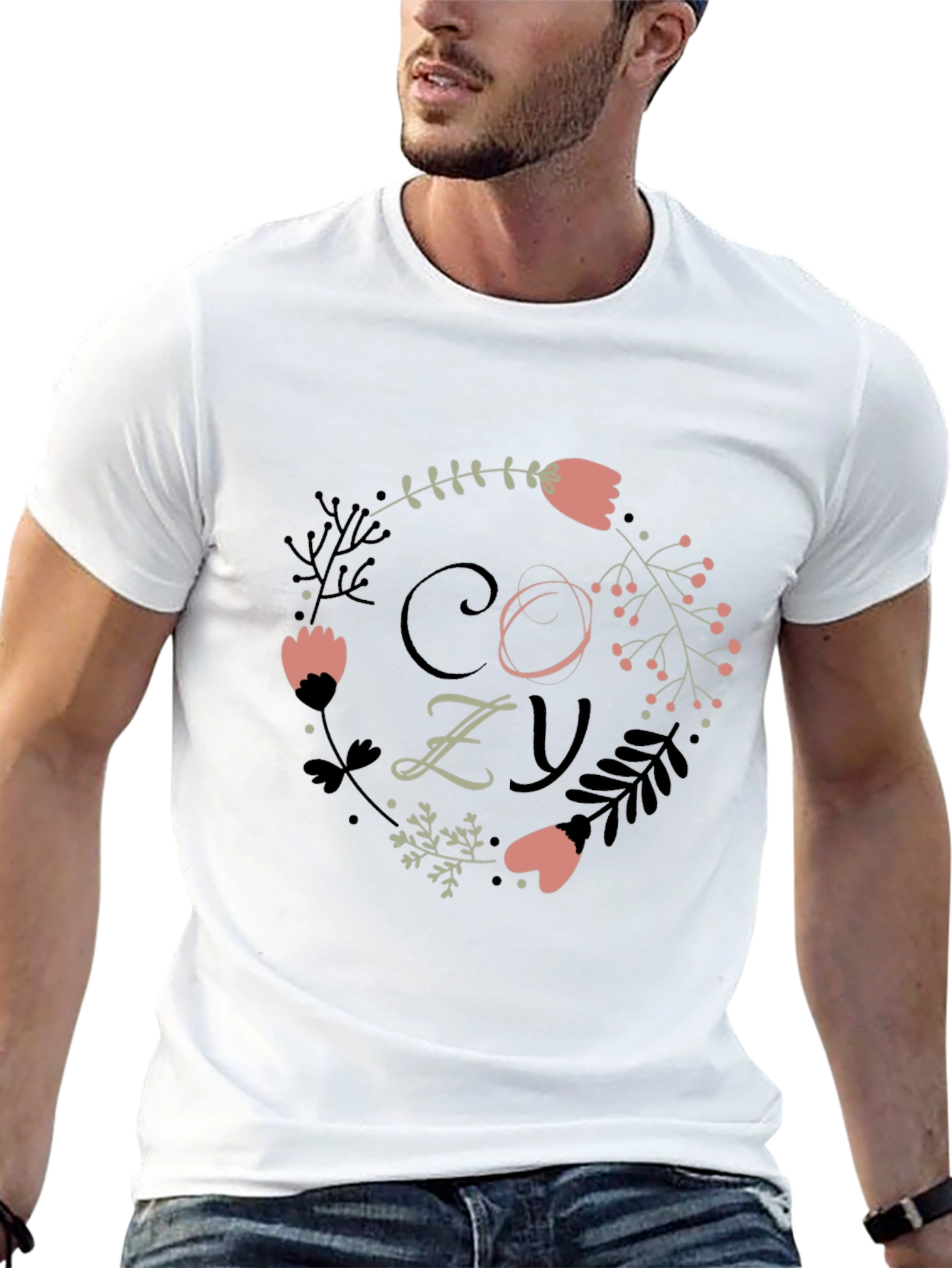 Cozy Floral Graphic Print Black T-Shirt