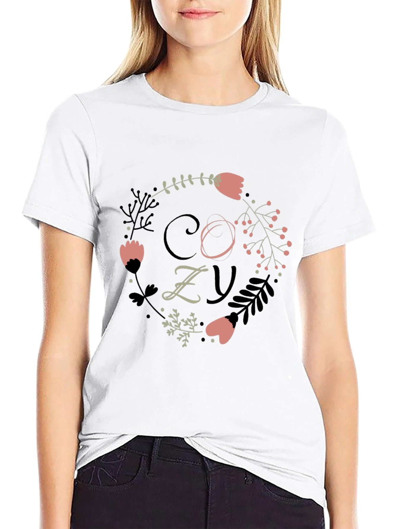 Cozy Floral Graphic Print Black T-Shirt