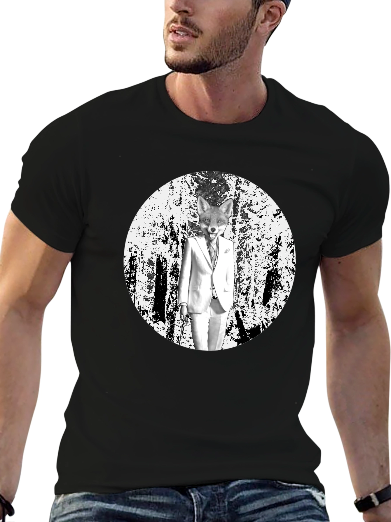 Fox in Suit Graphic Tee - Trendy Black T-Shirt