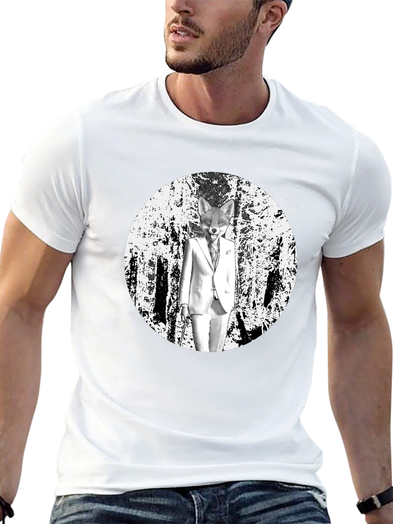 Fox in Suit Graphic Tee - Trendy Black T-Shirt