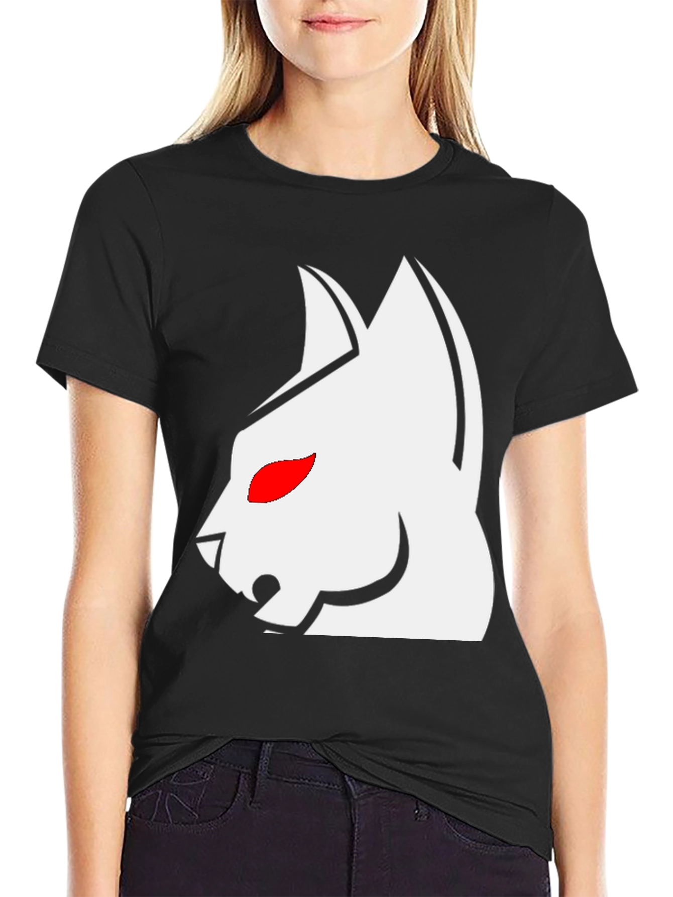 Black T-Shirt with White Cat Graphic & Red Eyes