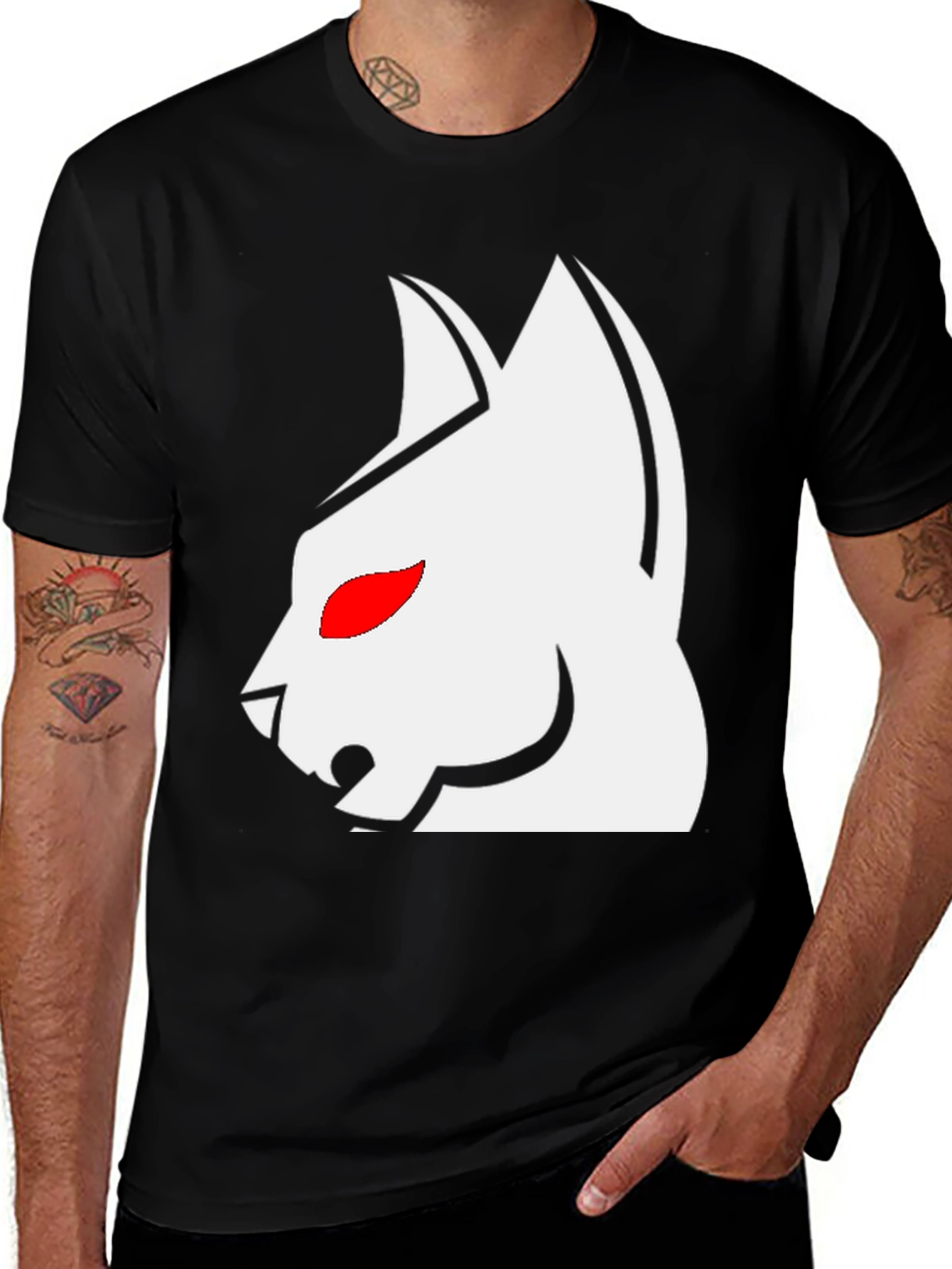 Black T-Shirt with White Cat Graphic & Red Eyes