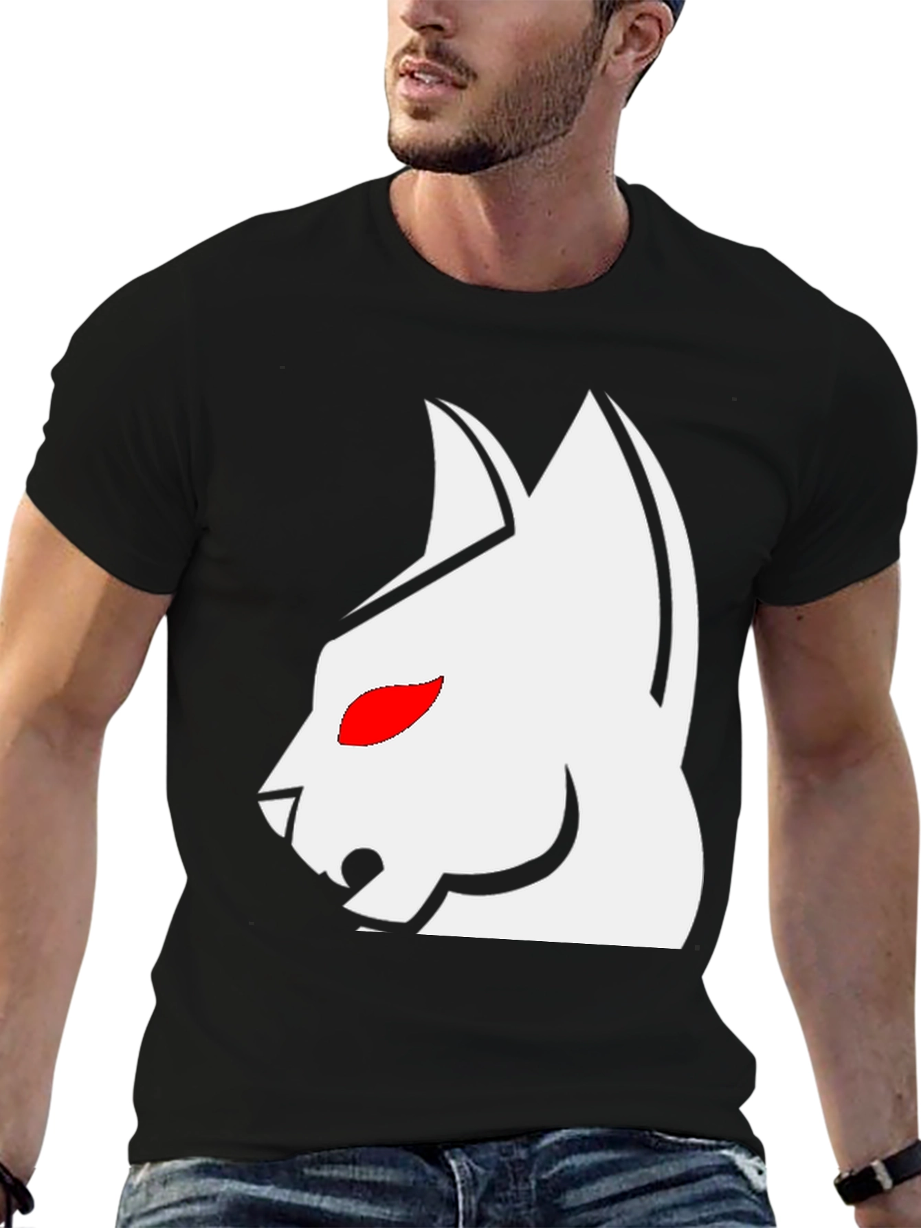 Black T-Shirt with White Cat Graphic & Red Eyes