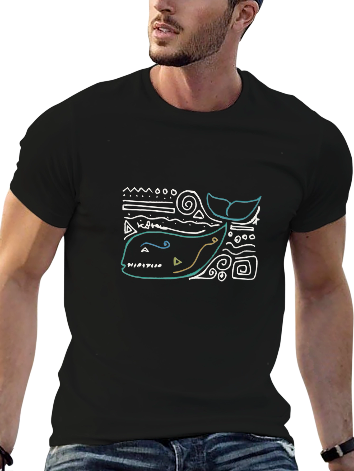 Abstract Whale Graphic Tee - Black Cotton T-Shirt