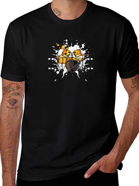 Drum Set Graphic Tee - Stylish Black Cotton T-Shirt