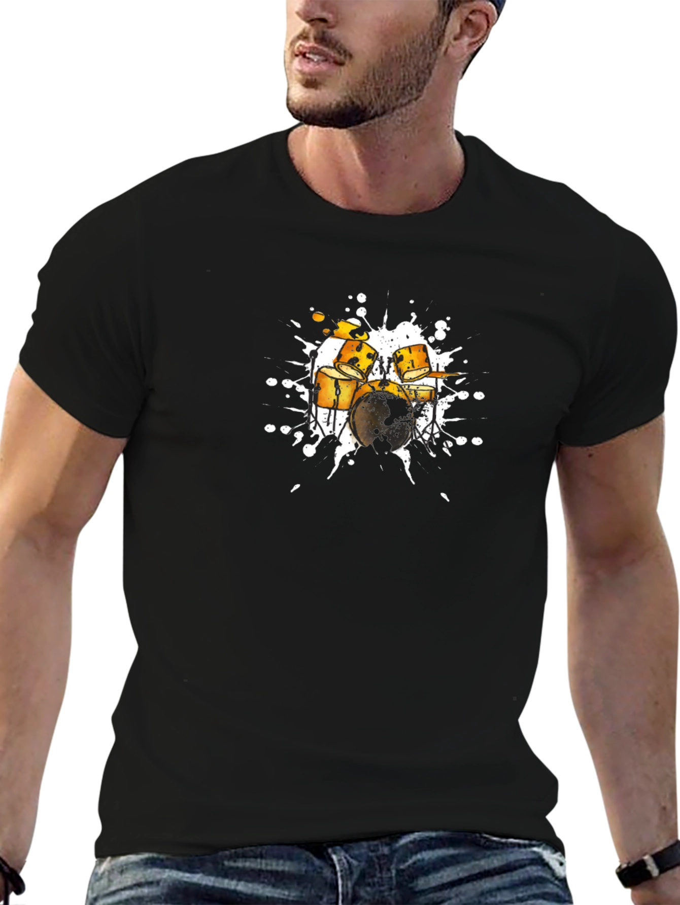 Drum Set Graphic Tee - Stylish Black Cotton T-Shirt