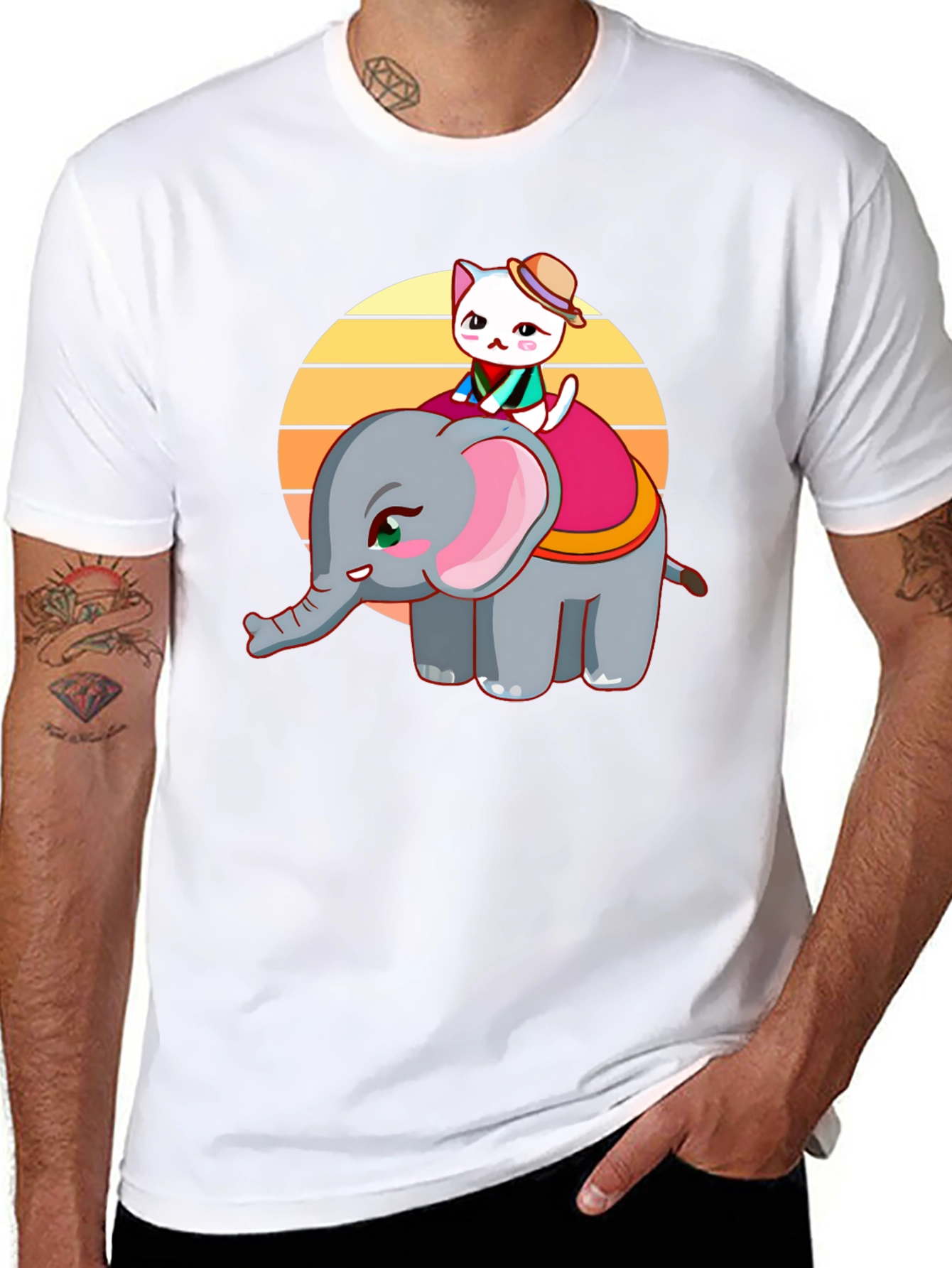 Cute Cartoon Graphic T-Shirt: Cat Riding Elephant