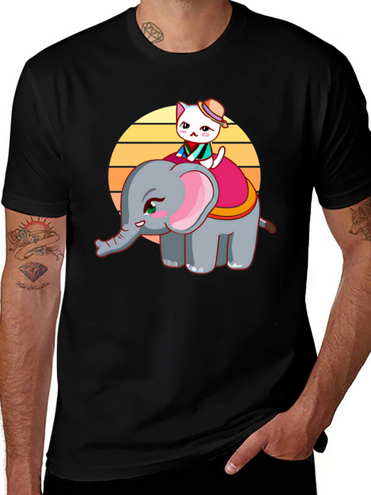 Cute Cartoon Graphic T-Shirt: Cat Riding Elephant