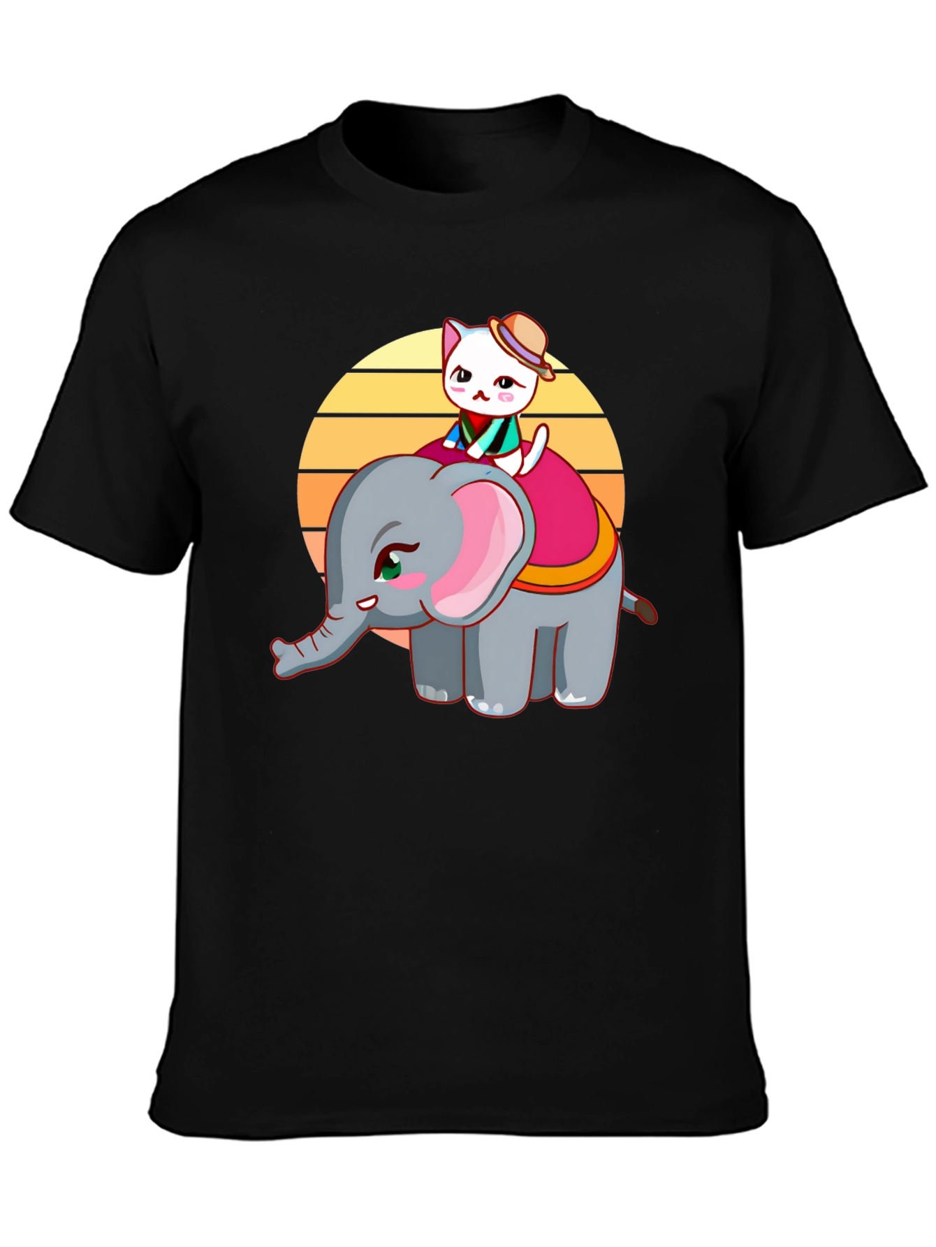 Cute Cartoon Graphic T-Shirt: Cat Riding Elephant