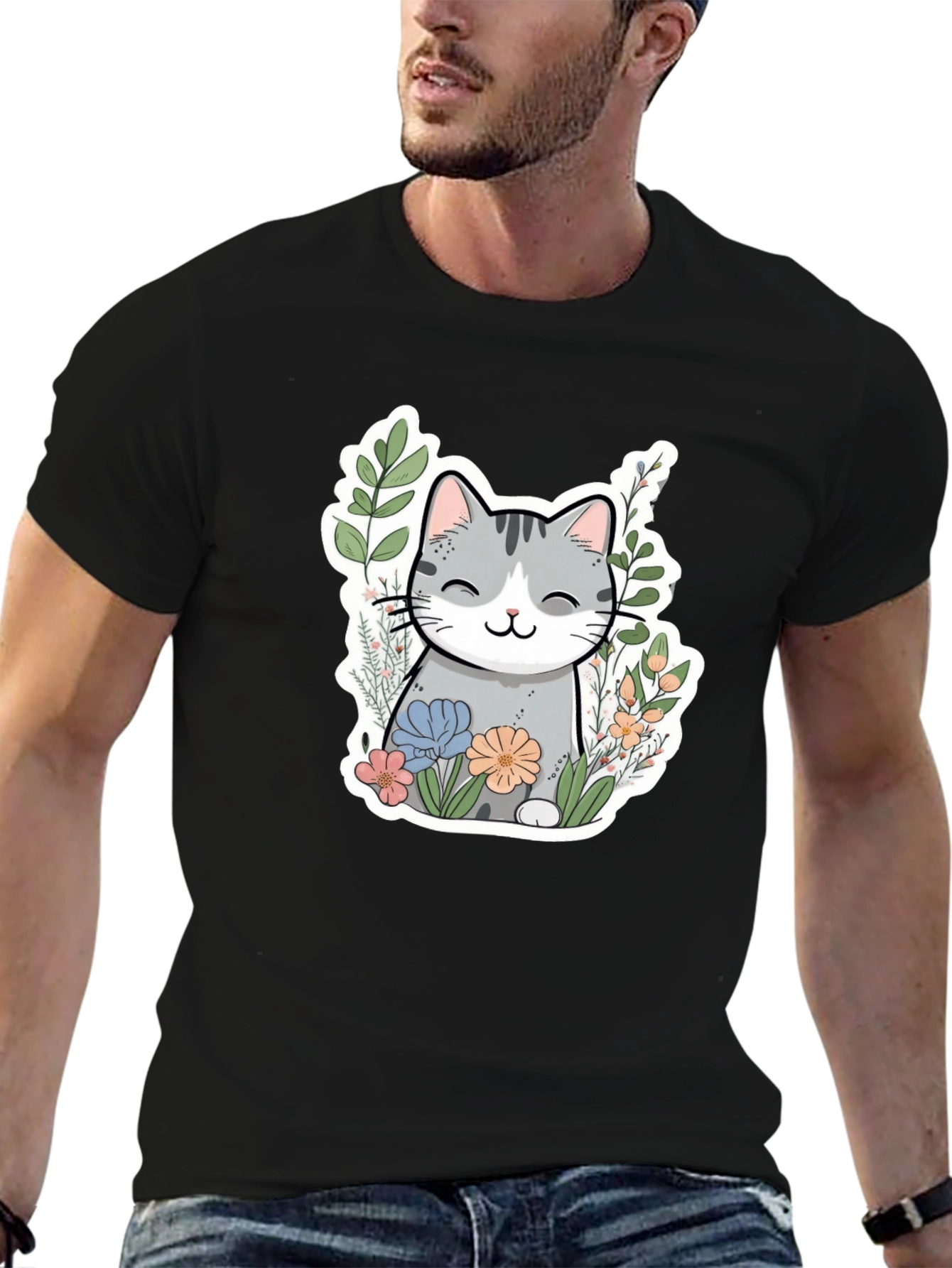 Cat in Flowers Graphic T-Shirt