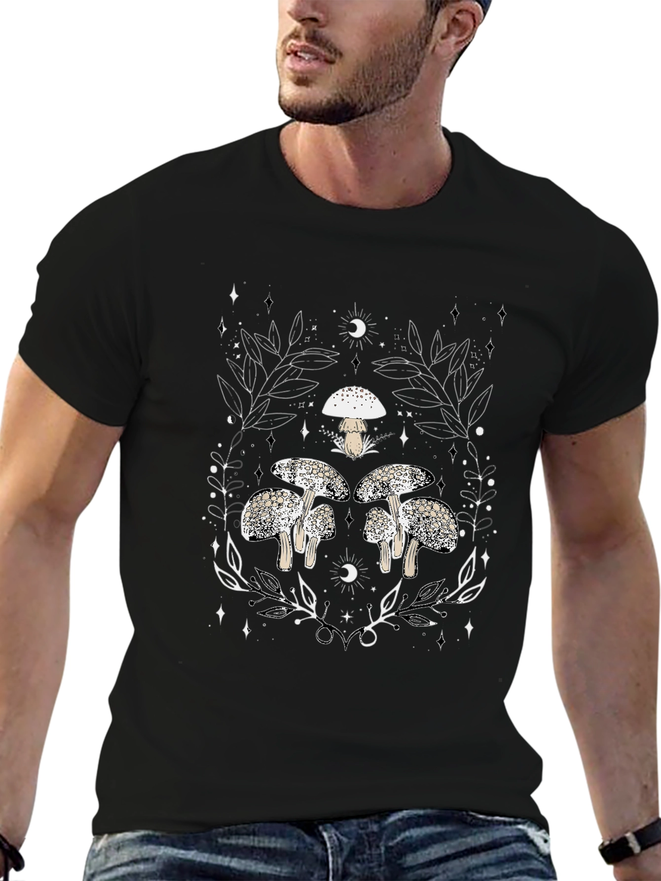 Mushroom Graphic Black Tee - Unique Nature Design