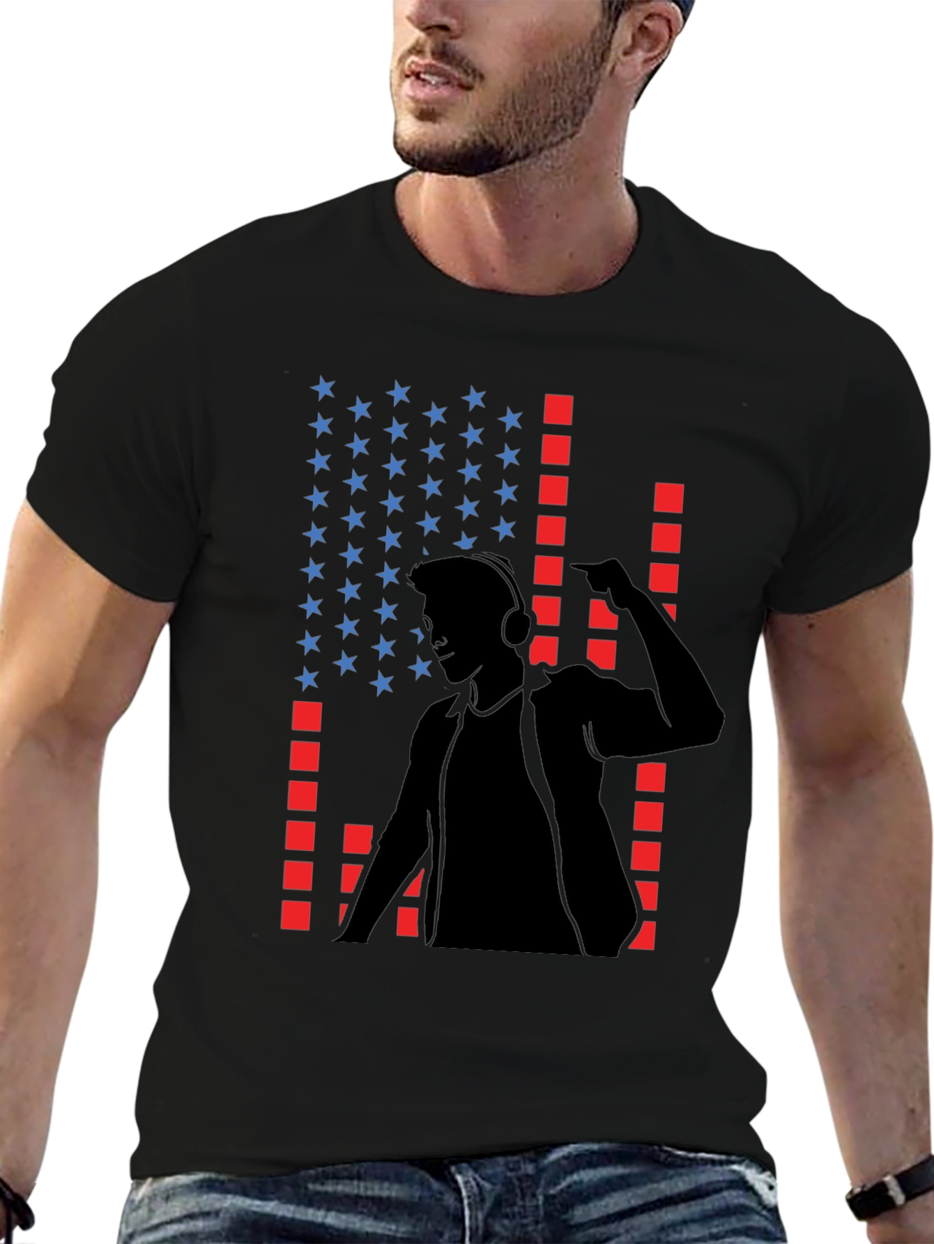 DJ USA Flag Graphic Print Black T-Shirt