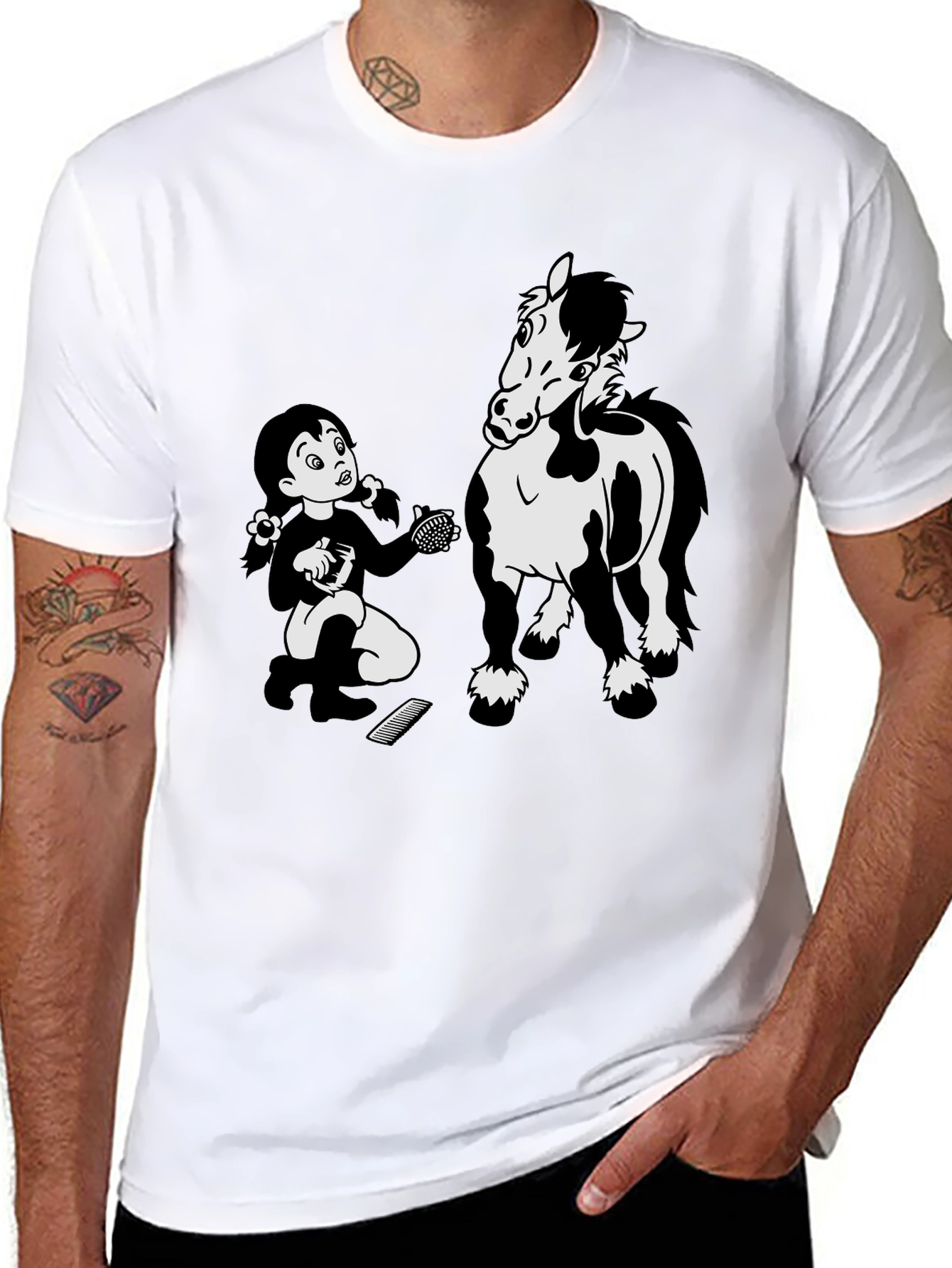 Cartoon Girl Grooming Horse Black T-Shirt