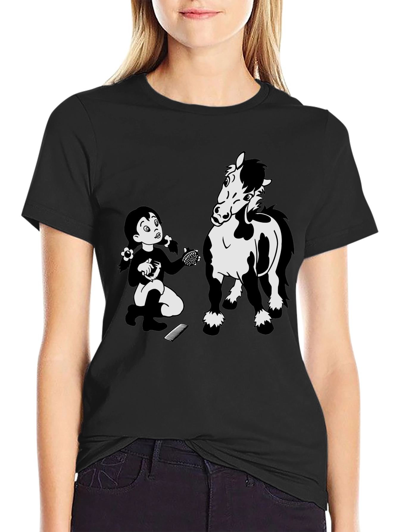 Cartoon Girl Grooming Horse Black T-Shirt
