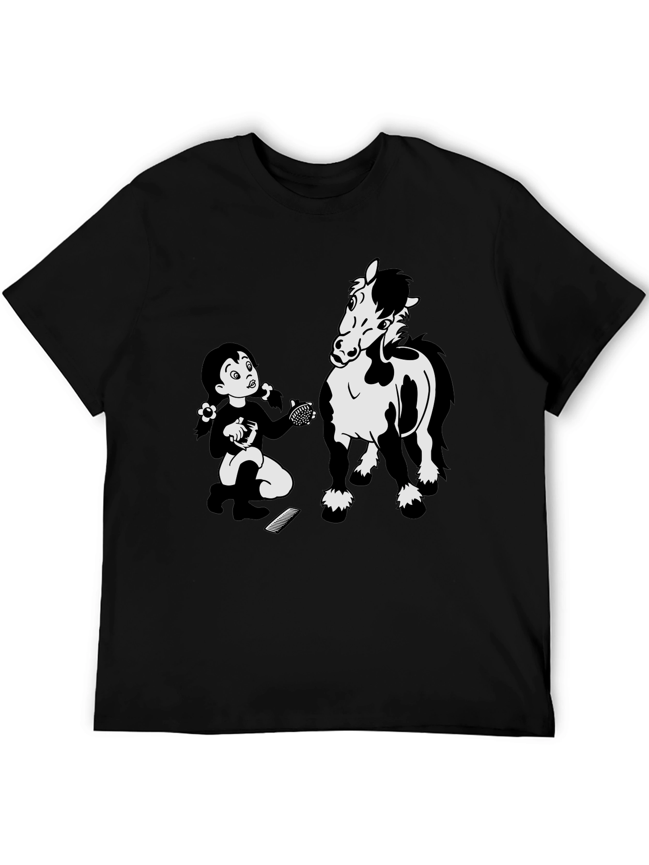 Cartoon Girl Grooming Horse Black T-Shirt