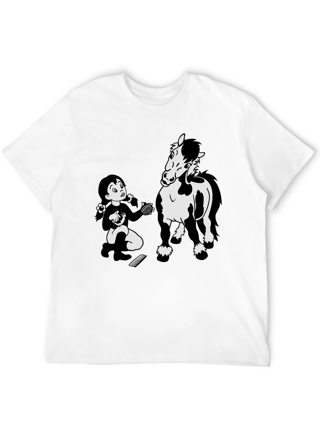 Cartoon Girl Grooming Horse Black T-Shirt