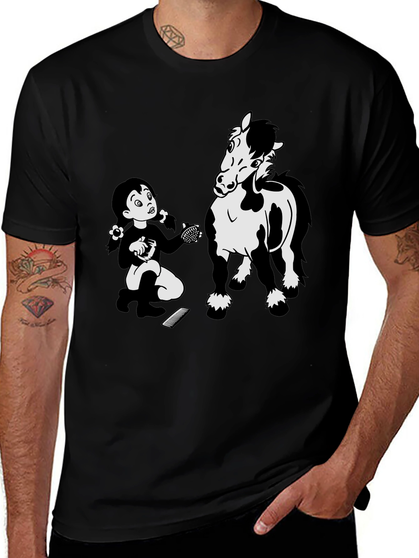 Cartoon Girl Grooming Horse Black T-Shirt
