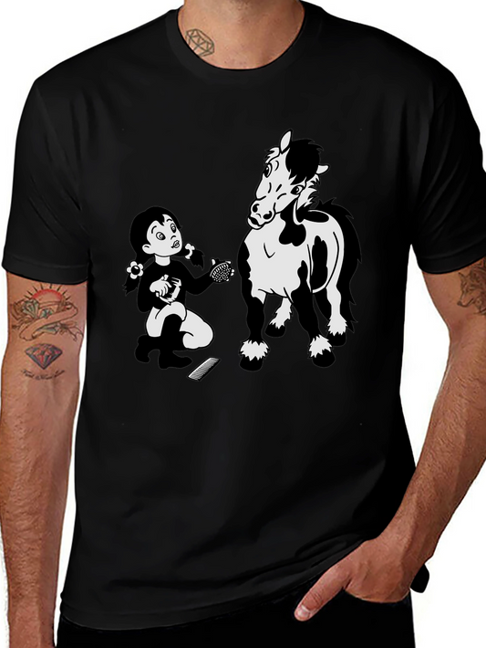 Cartoon Girl Grooming Horse Black T-Shirt