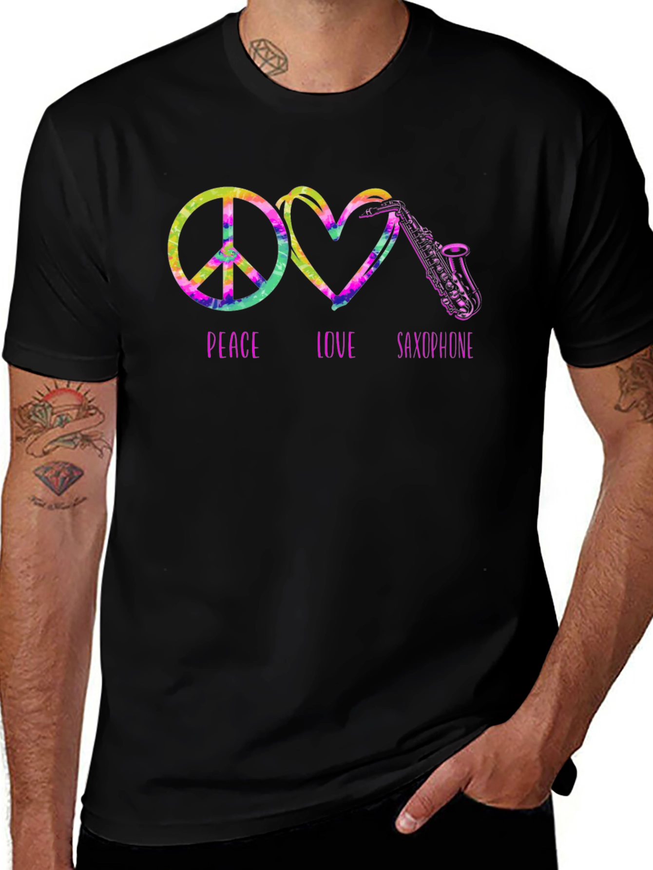 Peace Love Saxophone Tie Dye Graphic T-Shirt