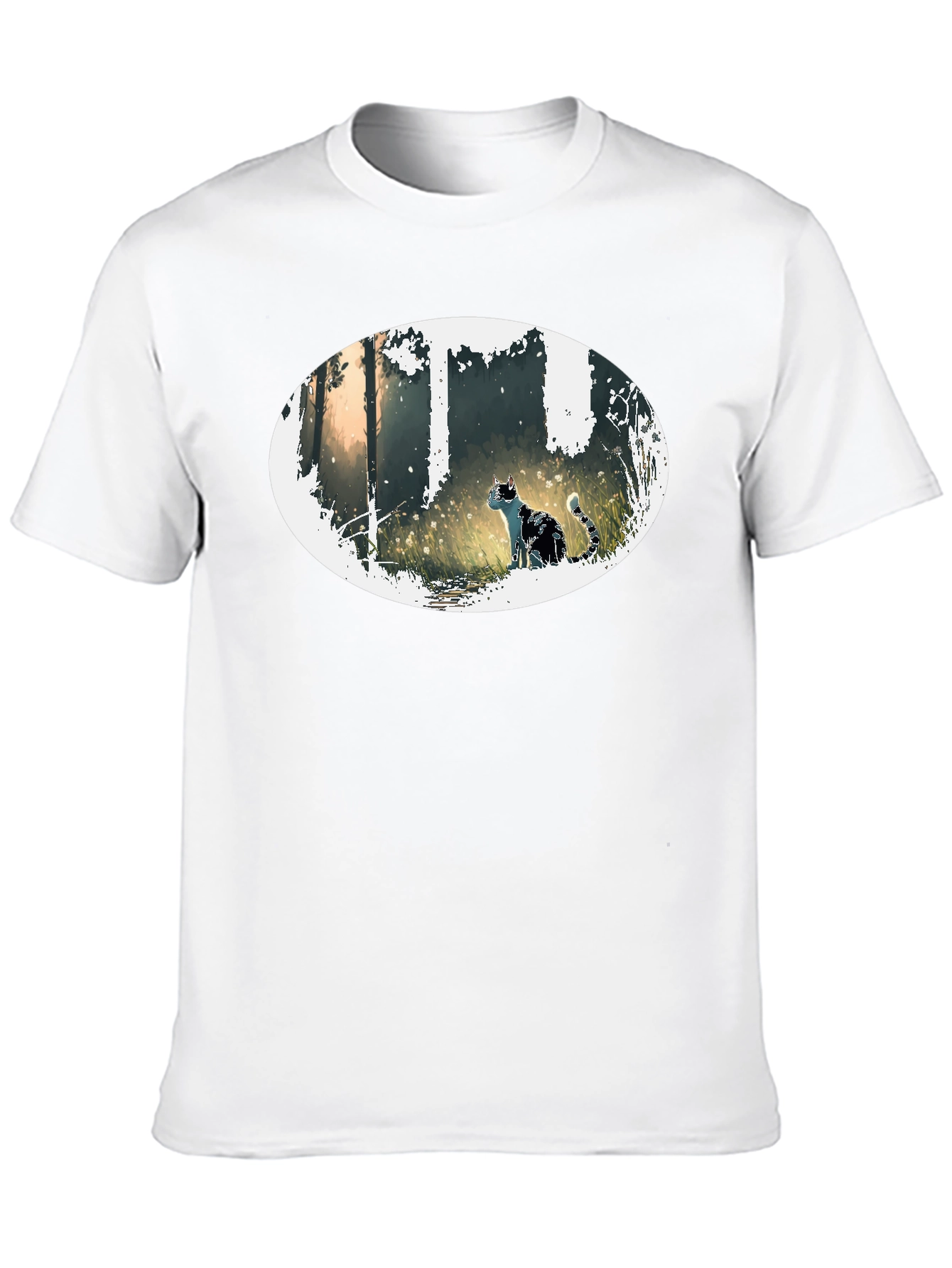 Cat in Forest Oval Graphic Black T-Shirt