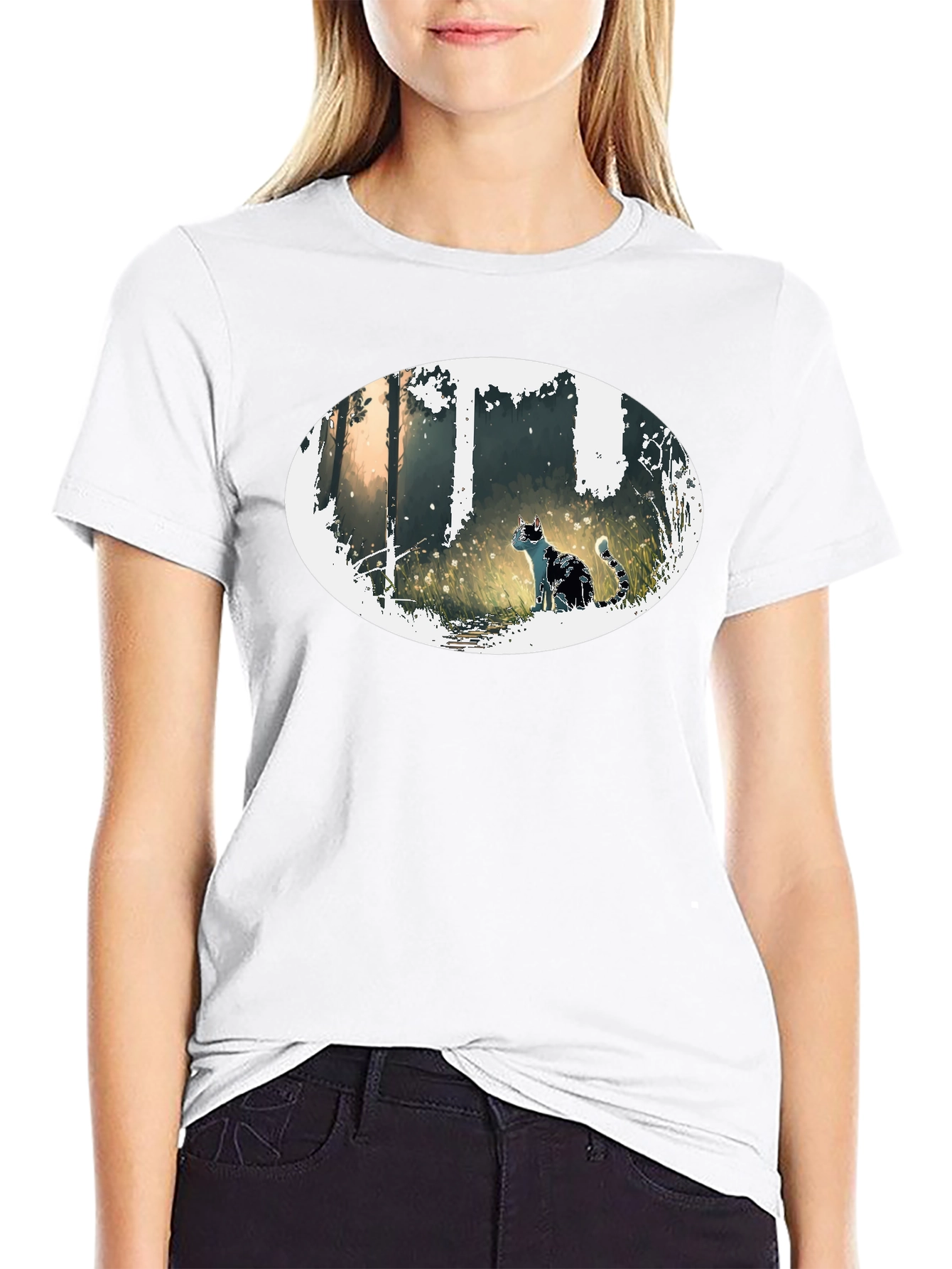 Cat in Forest Oval Graphic Black T-Shirt