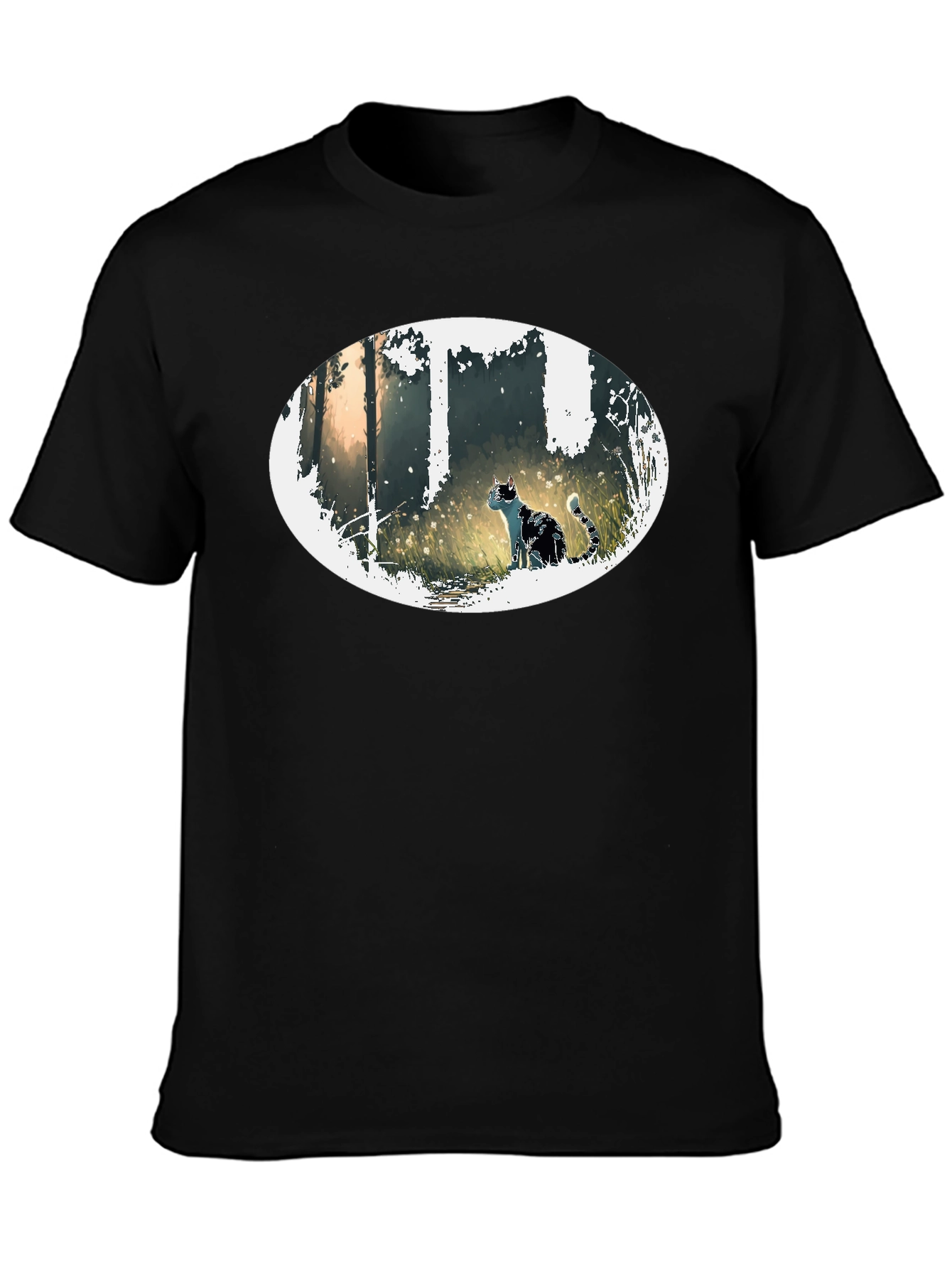Cat in Forest Oval Graphic Black T-Shirt