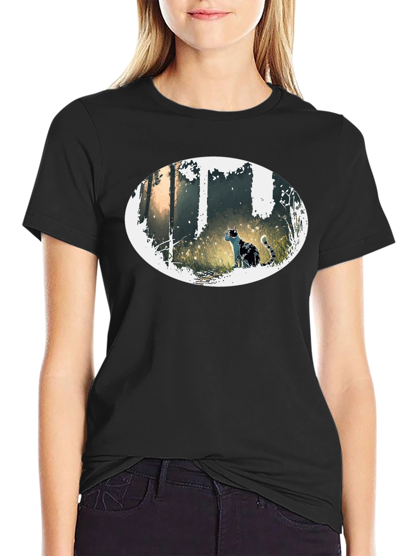 Cat in Forest Oval Graphic Black T-Shirt