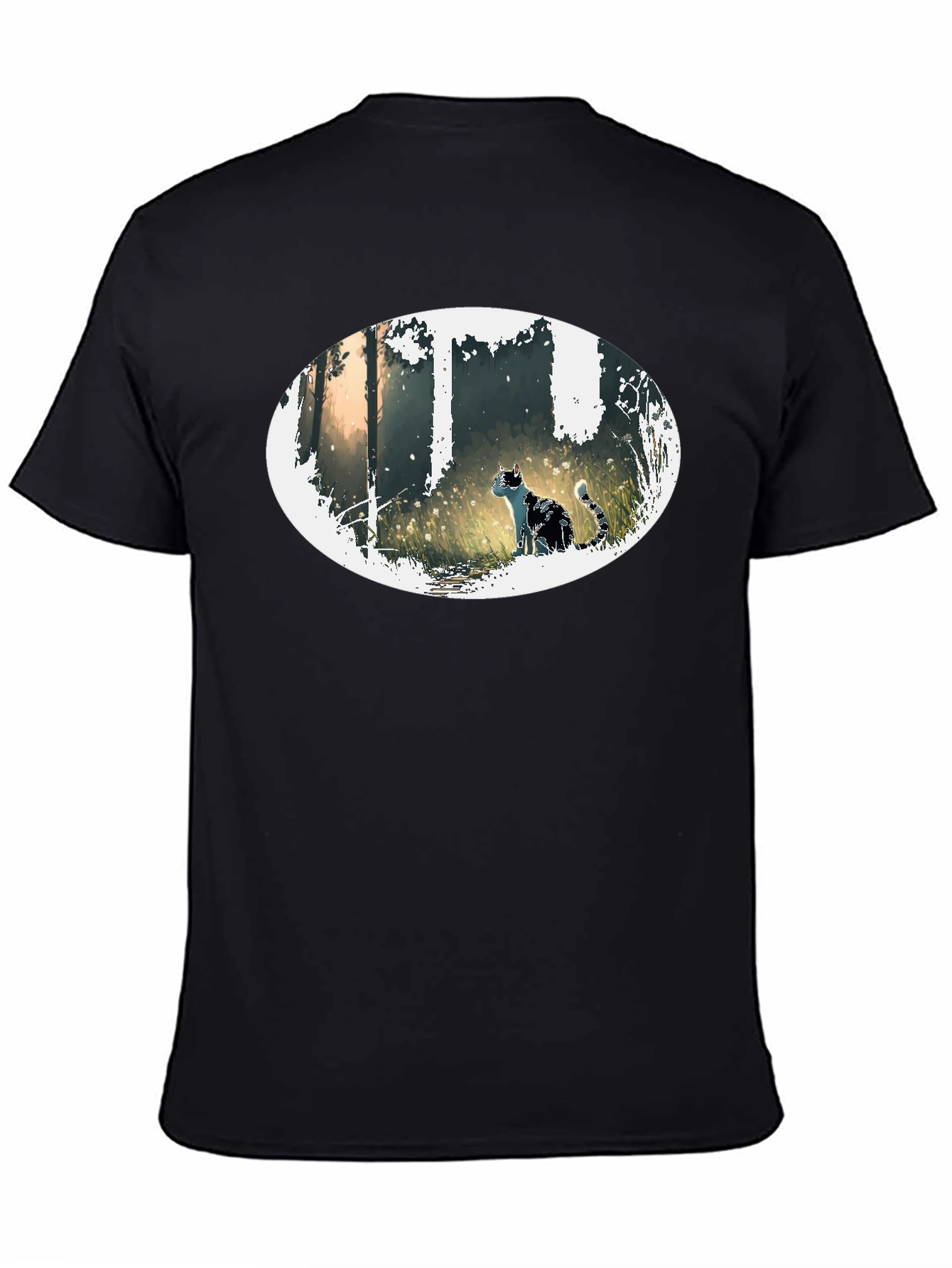 Cat in Forest Oval Graphic Black T-Shirt