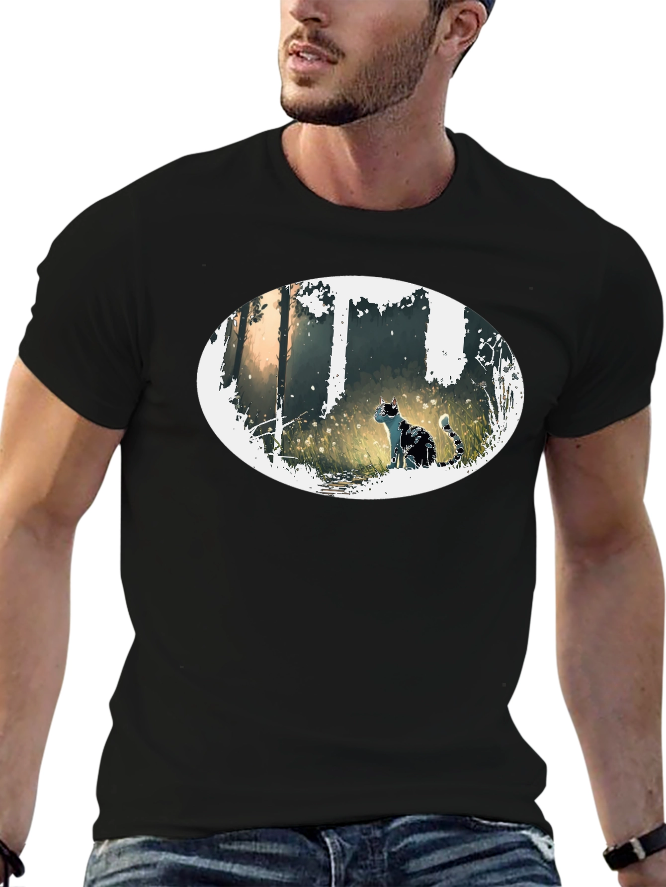Cat in Forest Oval Graphic Black T-Shirt