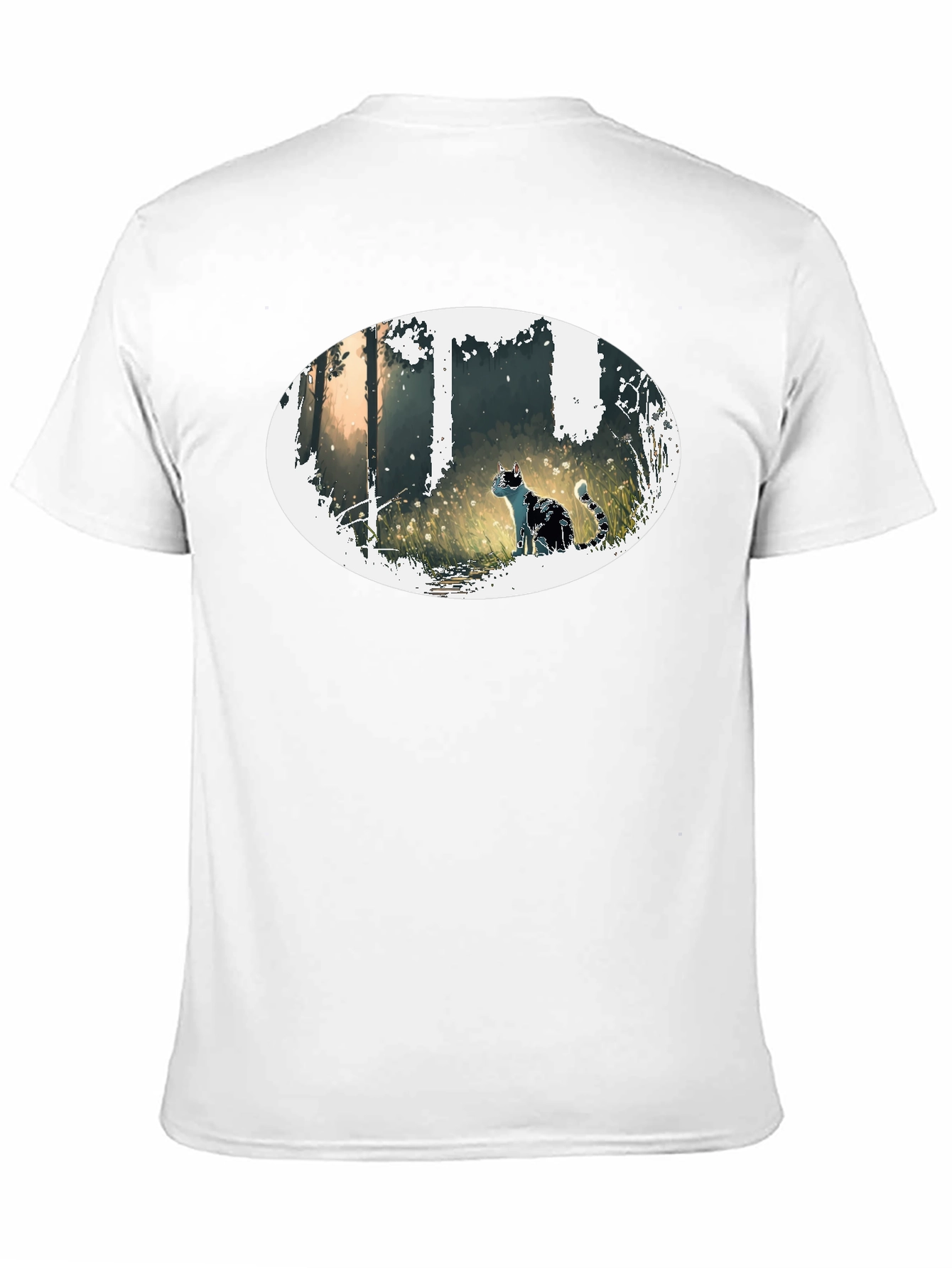 Cat in Forest Oval Graphic Black T-Shirt