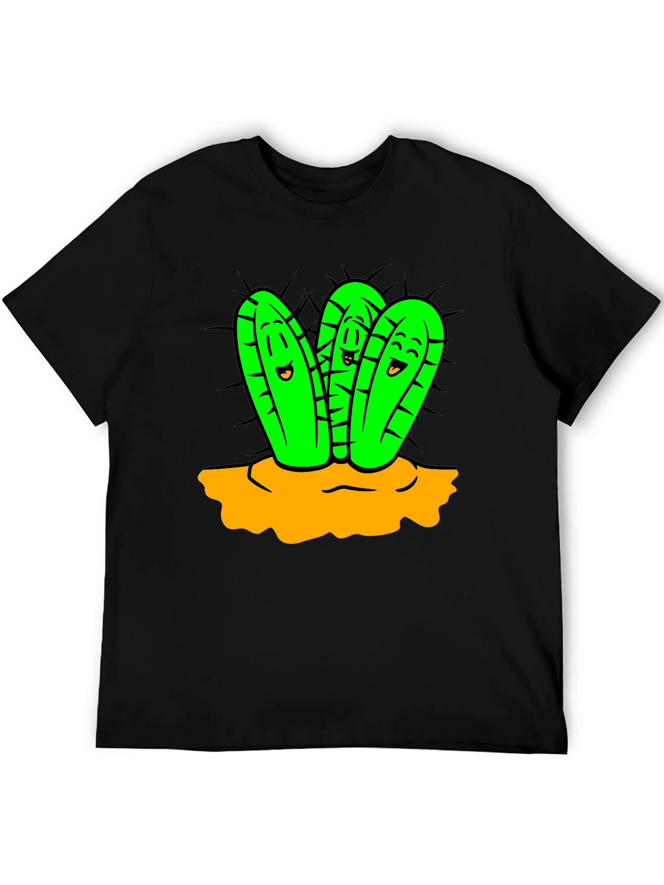 Cartoon Cactus Graphic T-Shirt - Unisex Black Tee