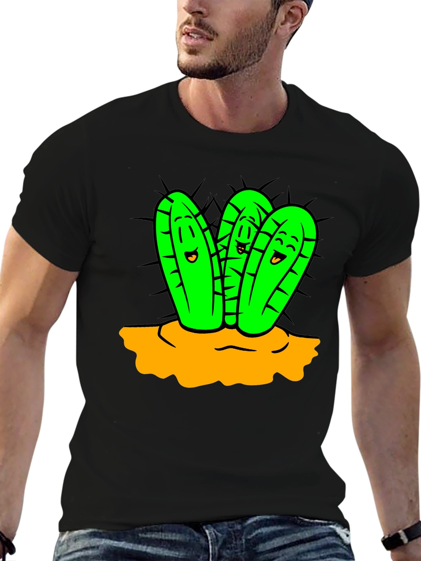 Cartoon Cactus Graphic T-Shirt - Unisex Black Tee