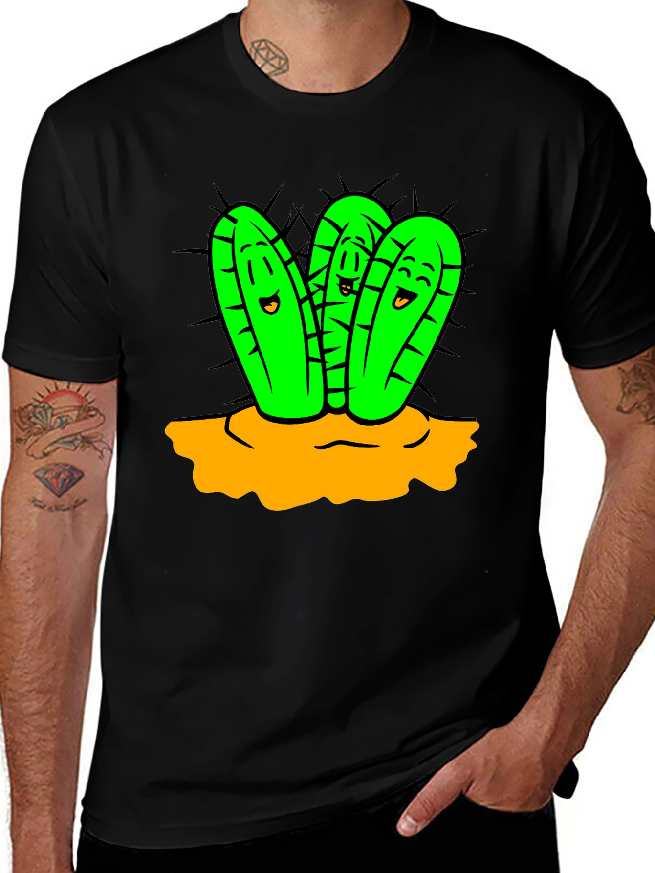 Cartoon Cactus Graphic T-Shirt - Unisex Black Tee