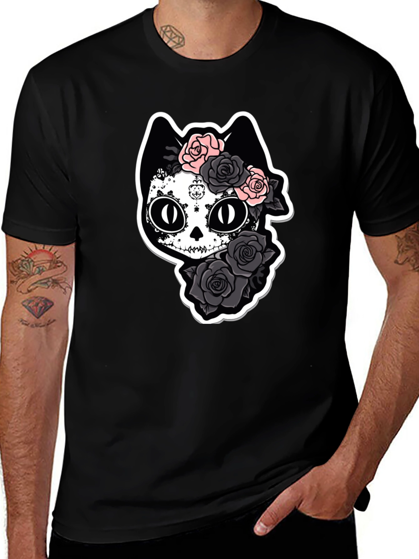 Sugar Skull Cat T-Shirt - Black