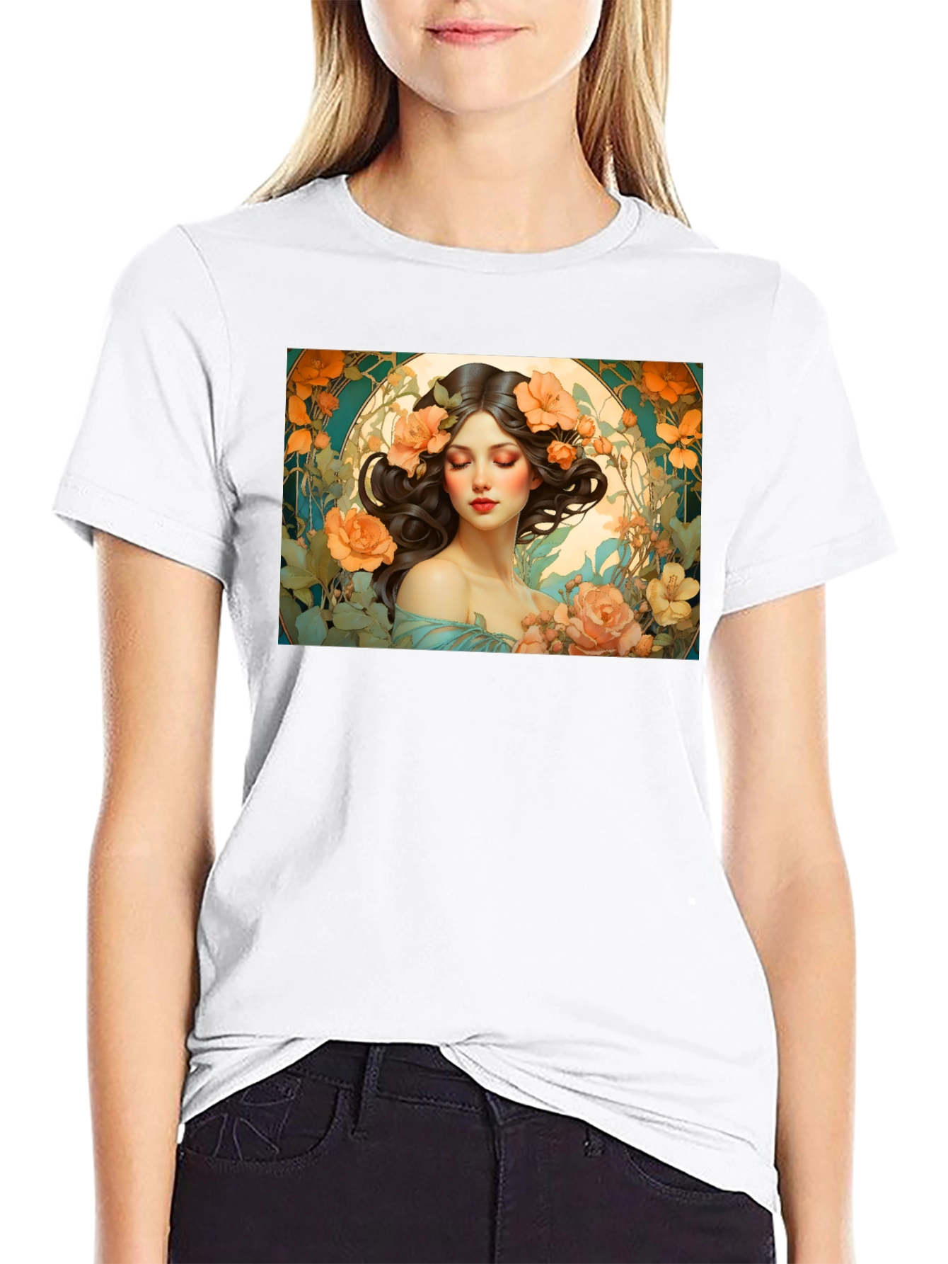Floral Art Nouveau T-Shirt - Woman with Flowers
