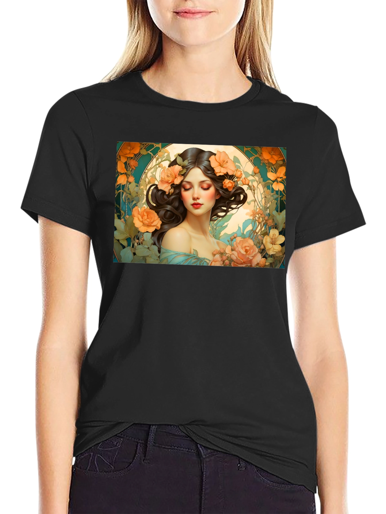 Floral Art Nouveau T-Shirt - Woman with Flowers